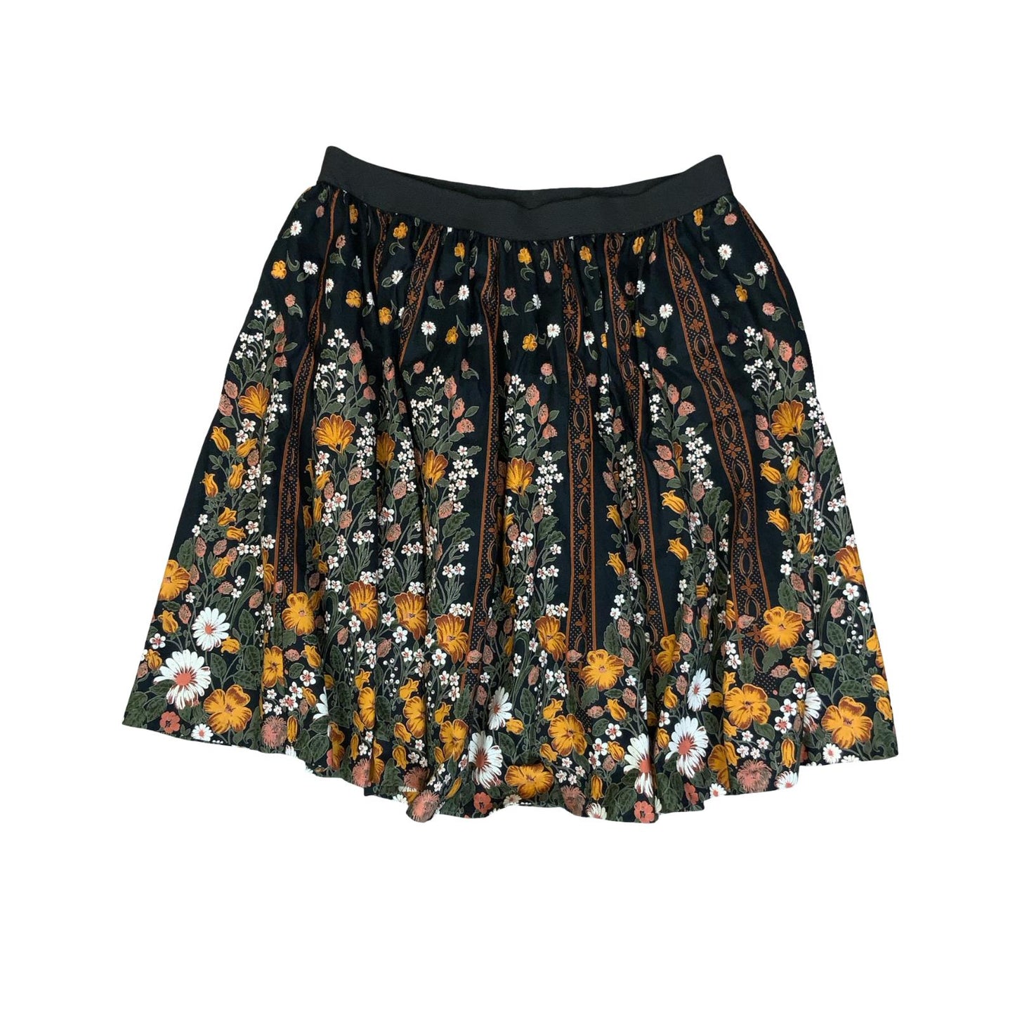VTG 90s y2k HIGH-WAISTED BLACK ORANGE STRIPED FLORAL A-LINE SKATER SKIRT M 12