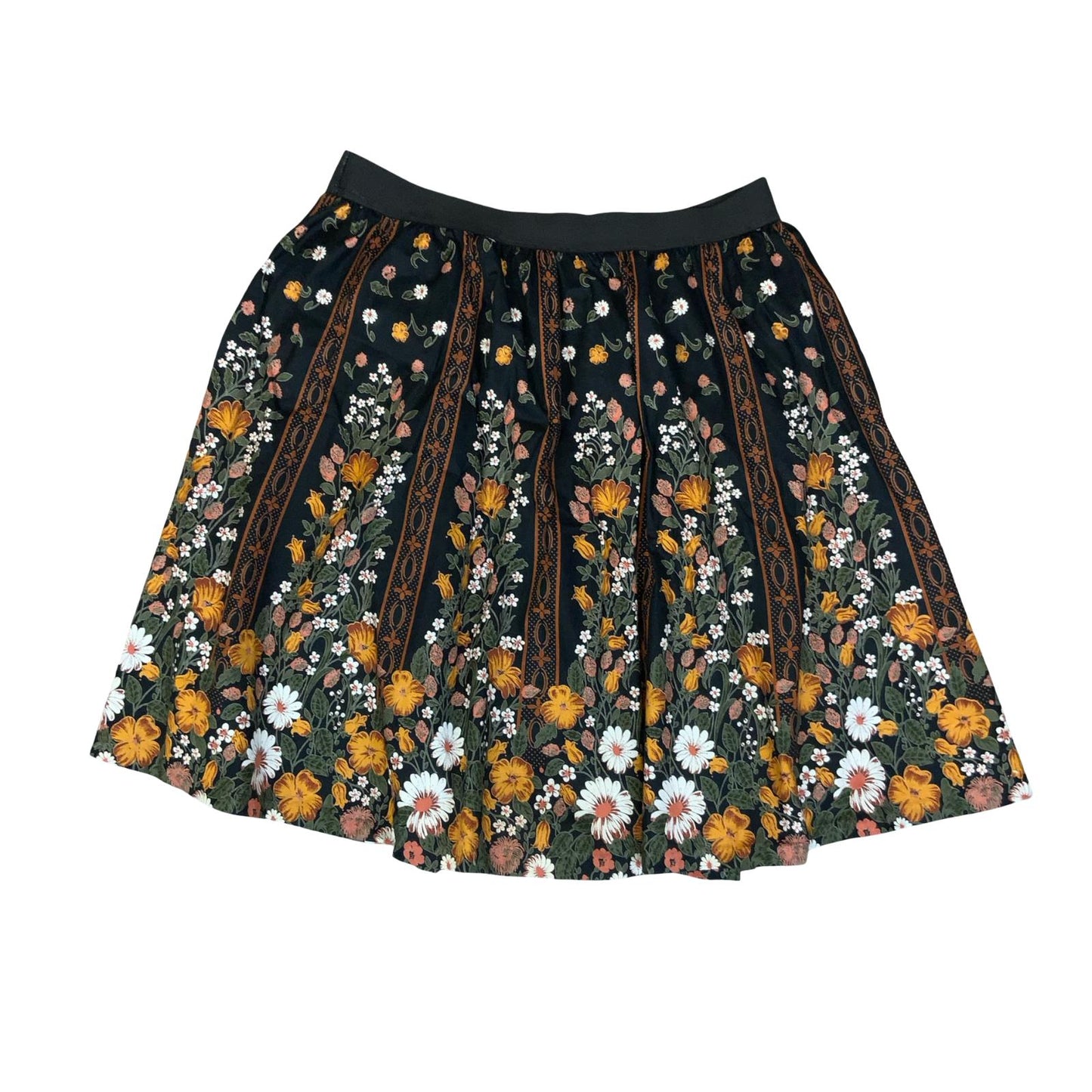 VTG 90s y2k HIGH-WAISTED BLACK ORANGE STRIPED FLORAL A-LINE SKATER SKIRT M 12