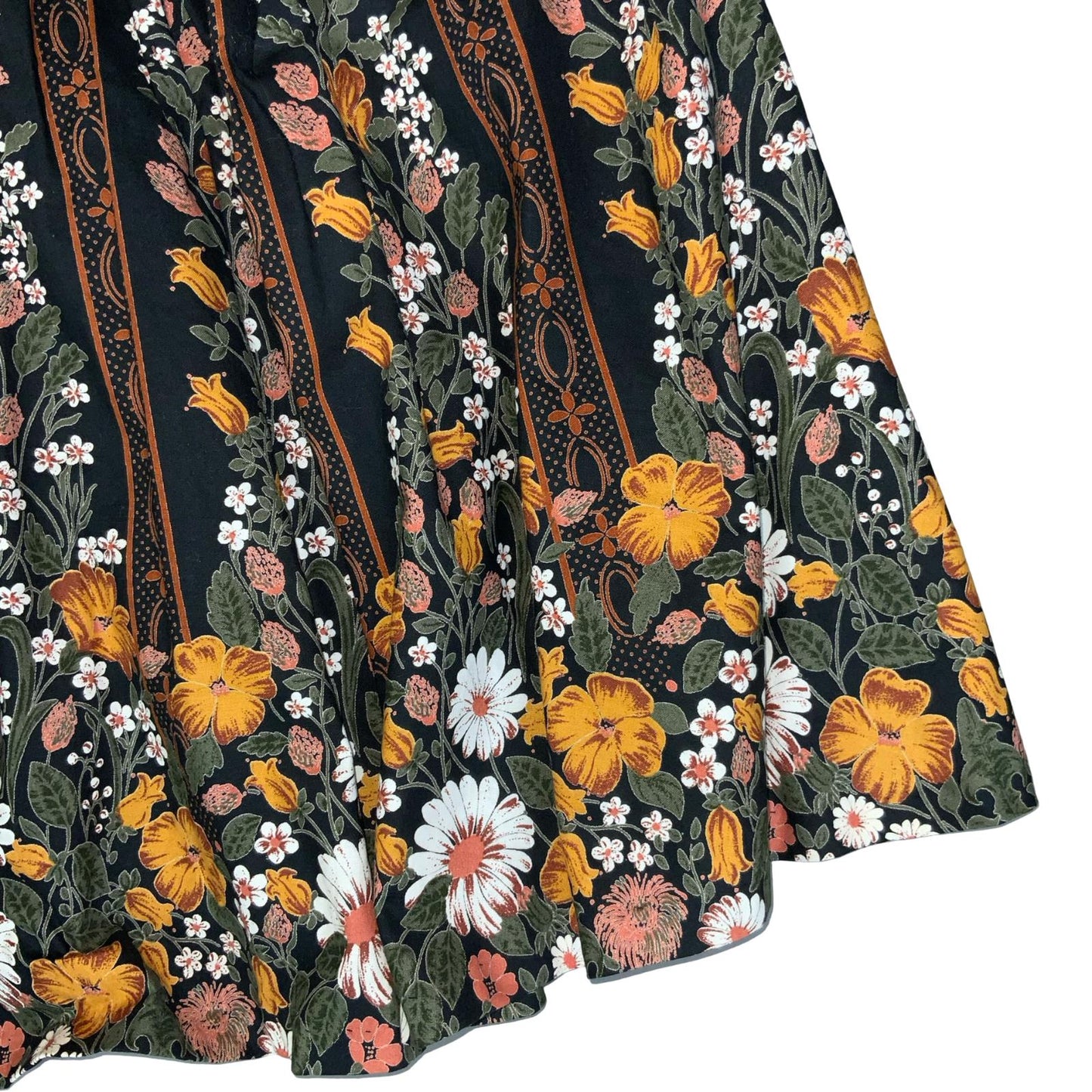 VTG 90s y2k HIGH-WAISTED BLACK ORANGE STRIPED FLORAL A-LINE SKATER SKIRT M 12