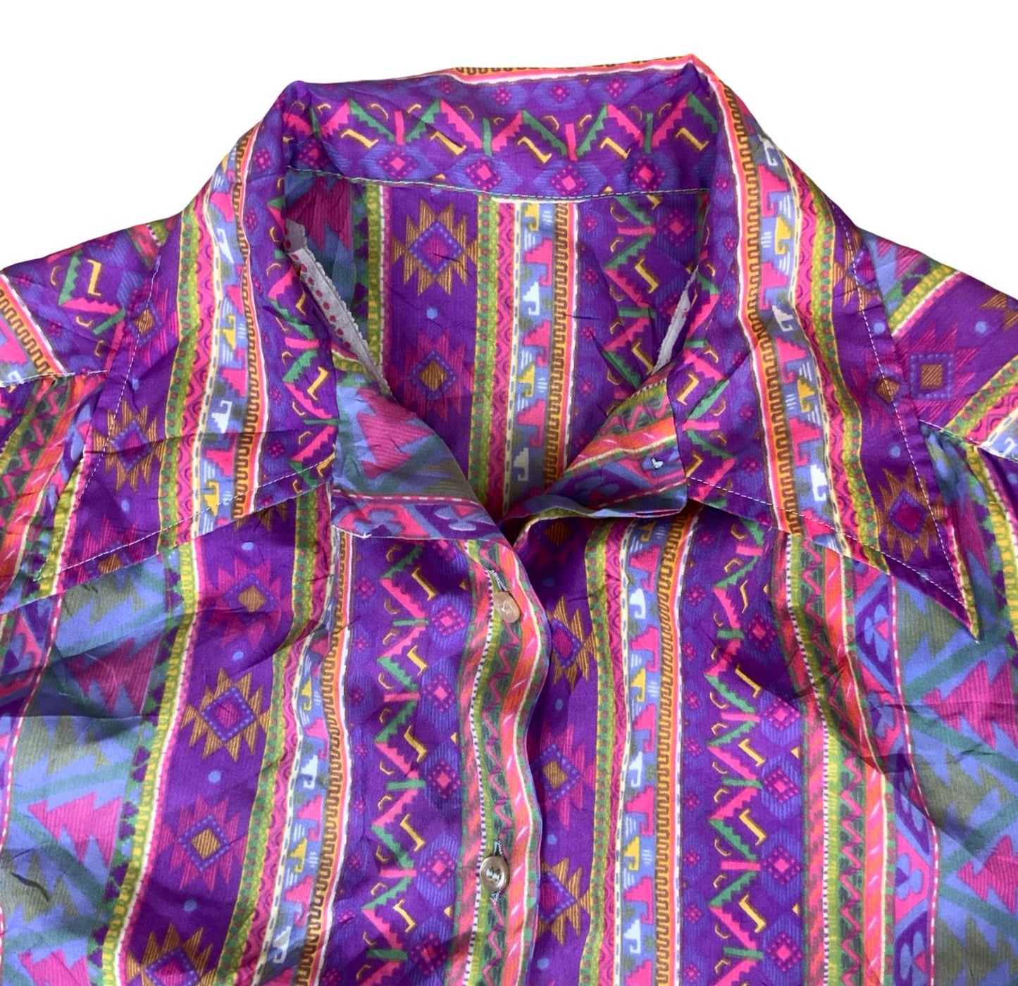 VTG 70/80s PURPLE BLUE GREEN RETRO AZTEK GEOMETRIC STRIPED LONG SLEEVE BLOUSE 12