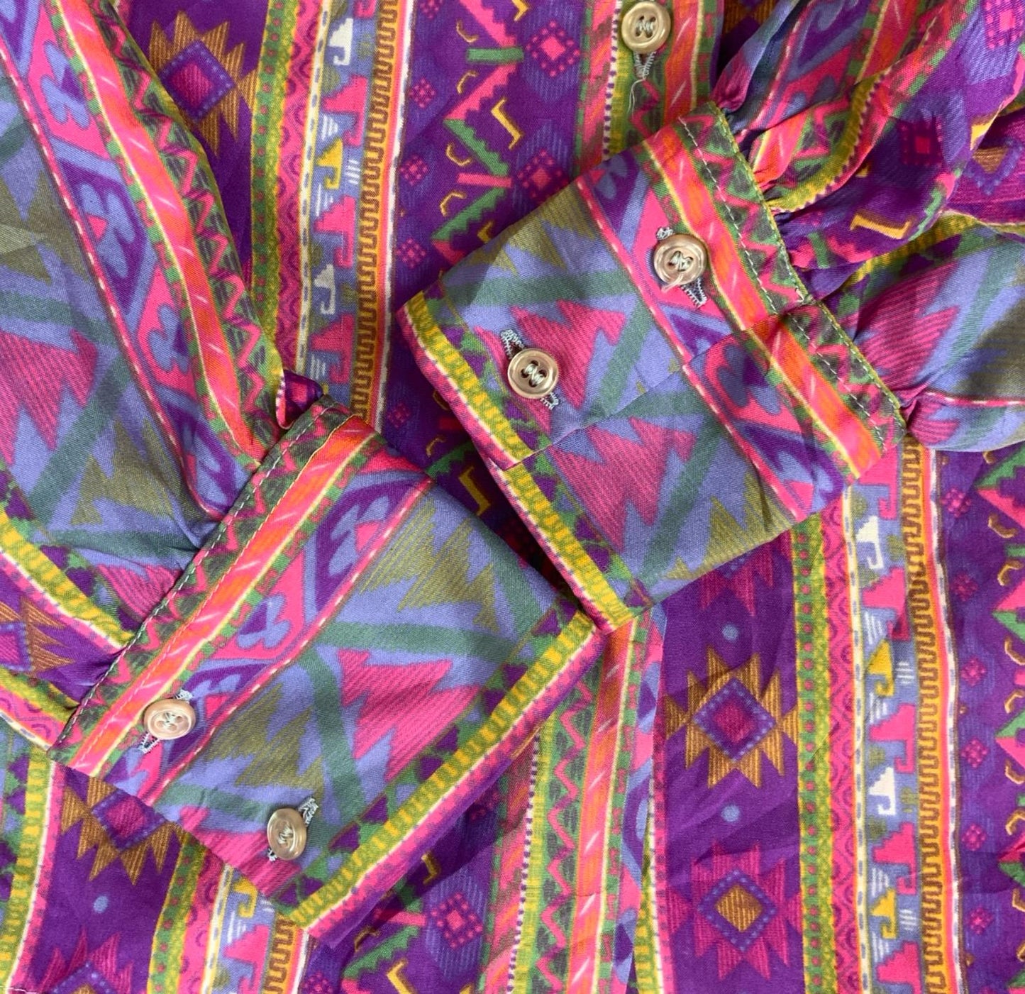 VTG 70/80s PURPLE BLUE GREEN RETRO AZTEK GEOMETRIC STRIPED LONG SLEEVE BLOUSE 12