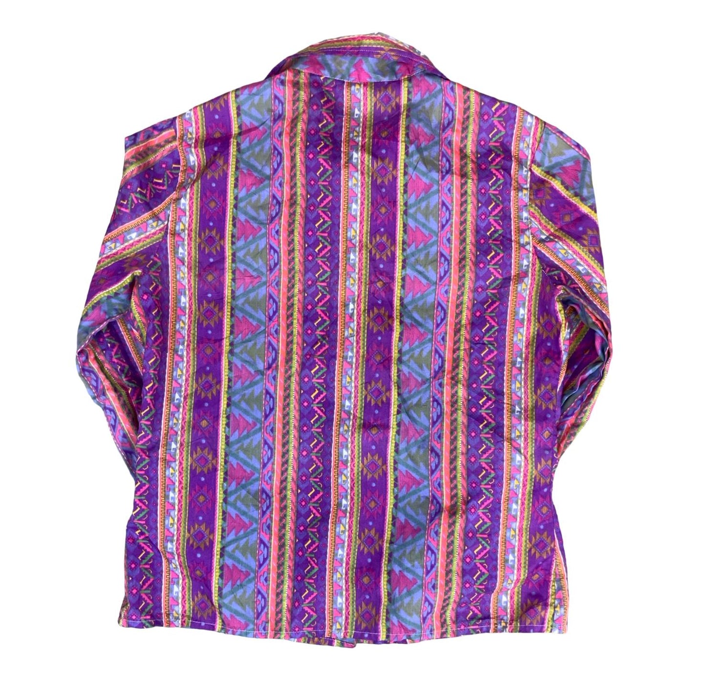 VTG 70/80s PURPLE BLUE GREEN RETRO AZTEK GEOMETRIC STRIPED LONG SLEEVE BLOUSE 12