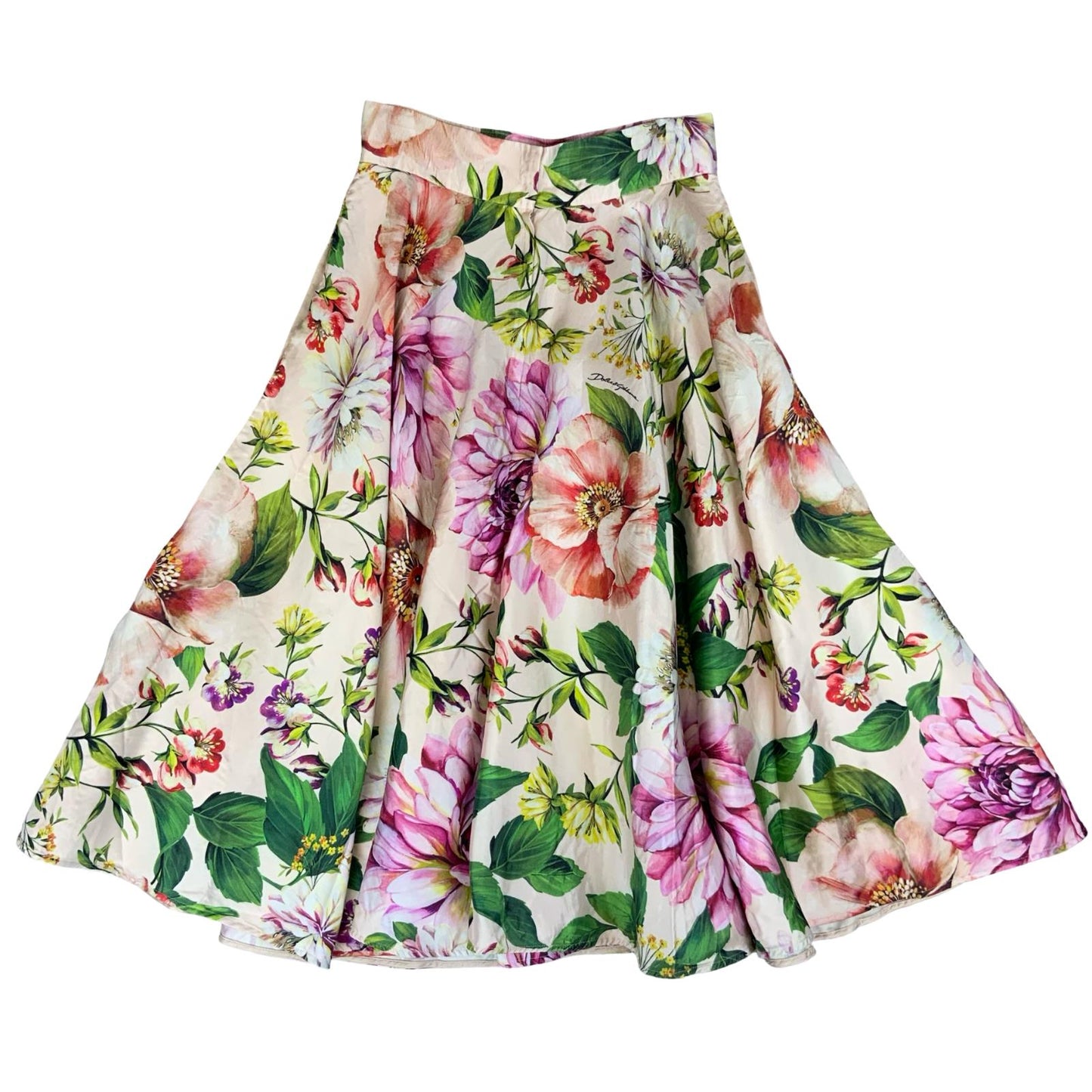 VTG DOLCE & GABANNA PINK FLORAL HIGH-WAISTED SUMMER HOLIDAY MIDI SILK SKIRT S 10