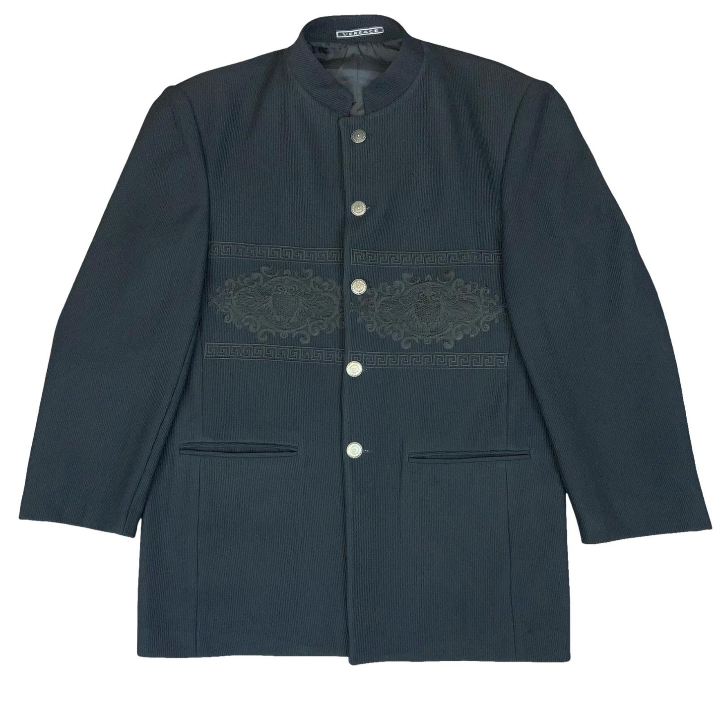 VTG 'VERSACE SPORT' BLACK RARE EMBROIDERED STAND-UP COLLAR CASUAL BLAZER LARGE