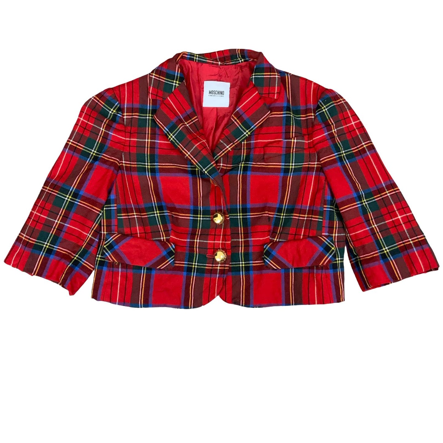 'MOSCHINO' CHEAP & CHIC 2012 RED BLUE TARTAN CROPPED UNIQUE PUNK JACKET SMALL 10