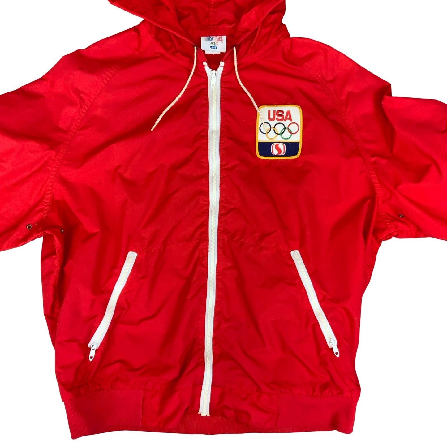 VTG 1980s 'LEVI's' RED USA OLYMPIC GAMES HOODED WINDBREAKER SHELL JACKET XL