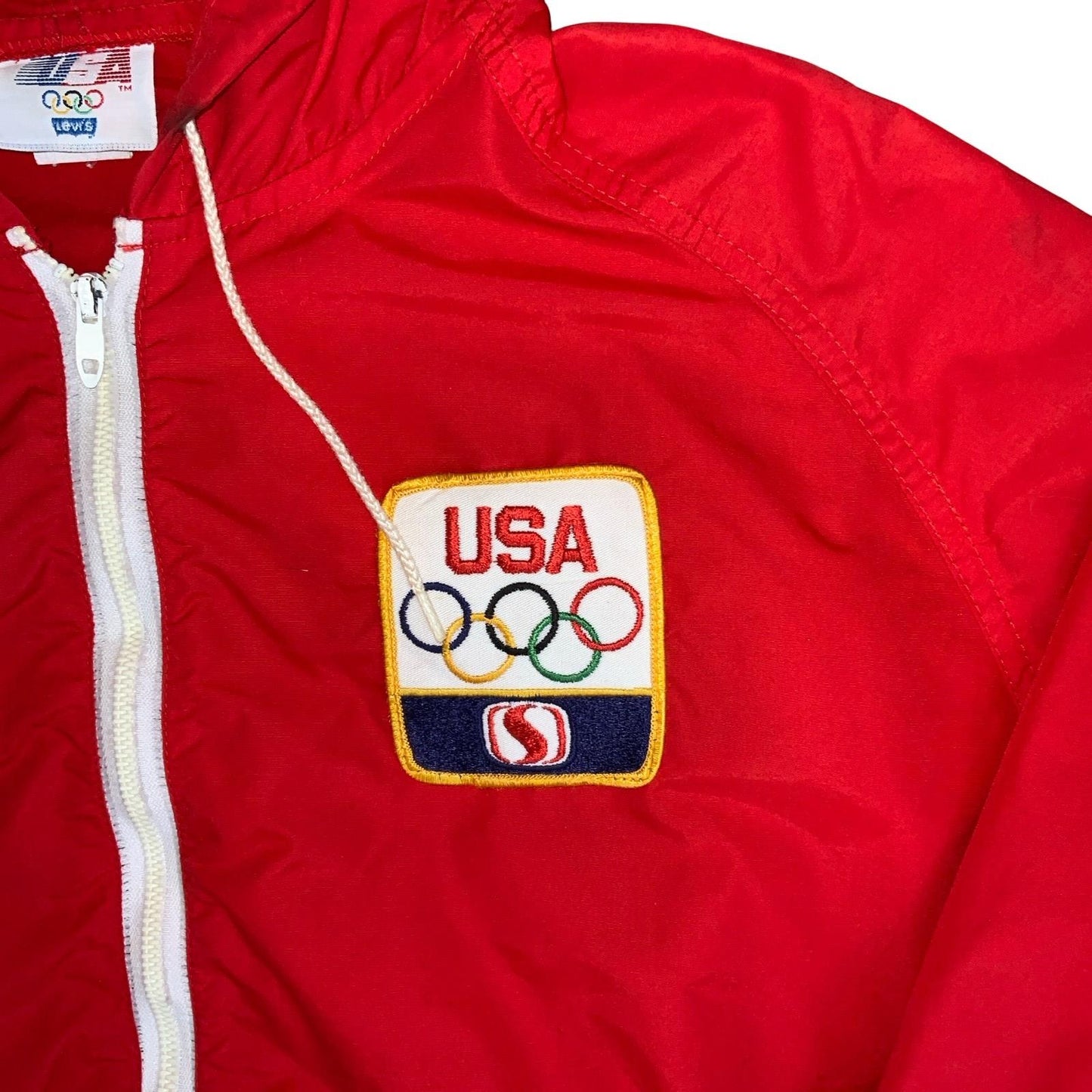 VTG 1980s 'LEVI's' RED USA OLYMPIC GAMES HOODED WINDBREAKER SHELL JACKET XL