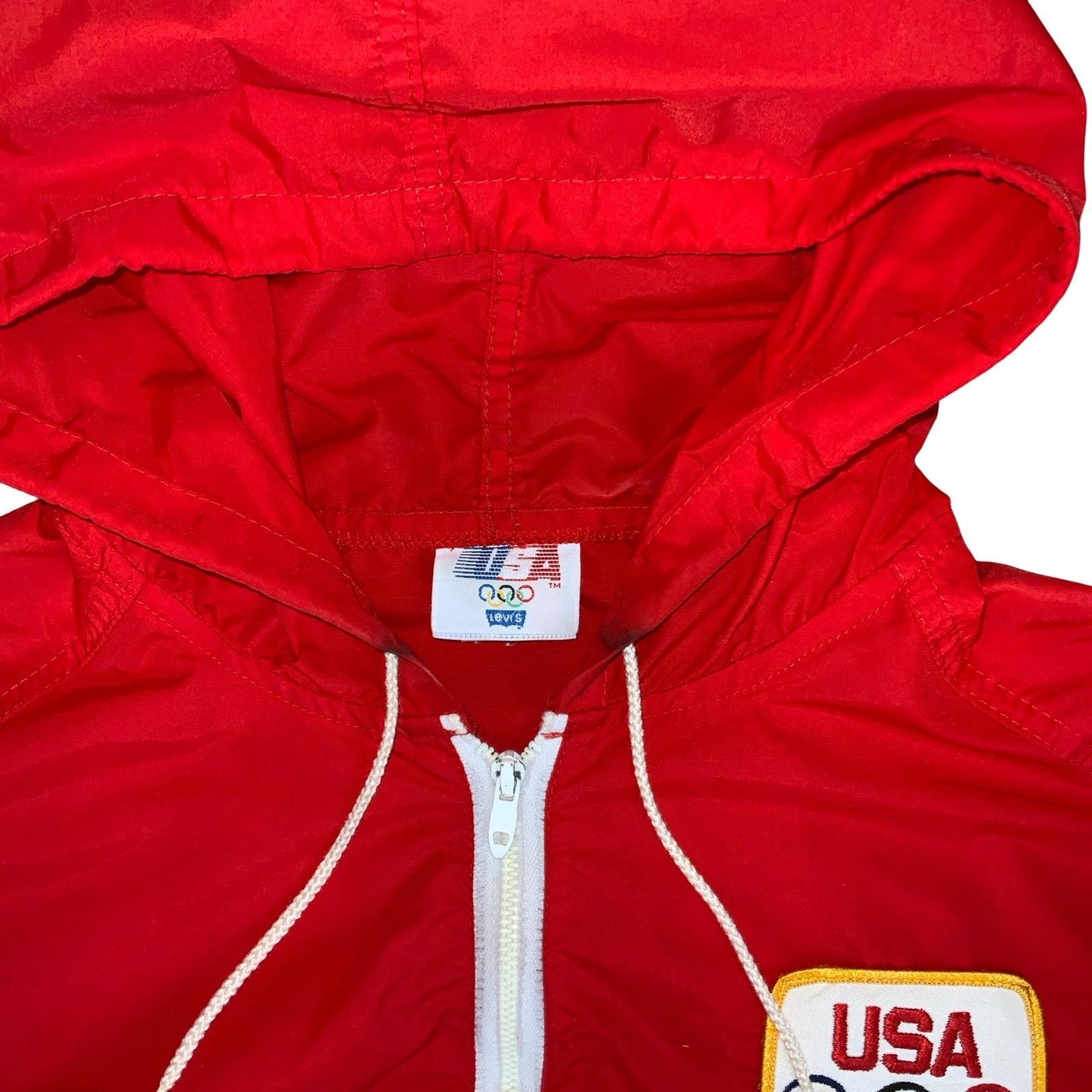 VTG 1980s 'LEVI's' RED USA OLYMPIC GAMES HOODED WINDBREAKER SHELL JACKET XL