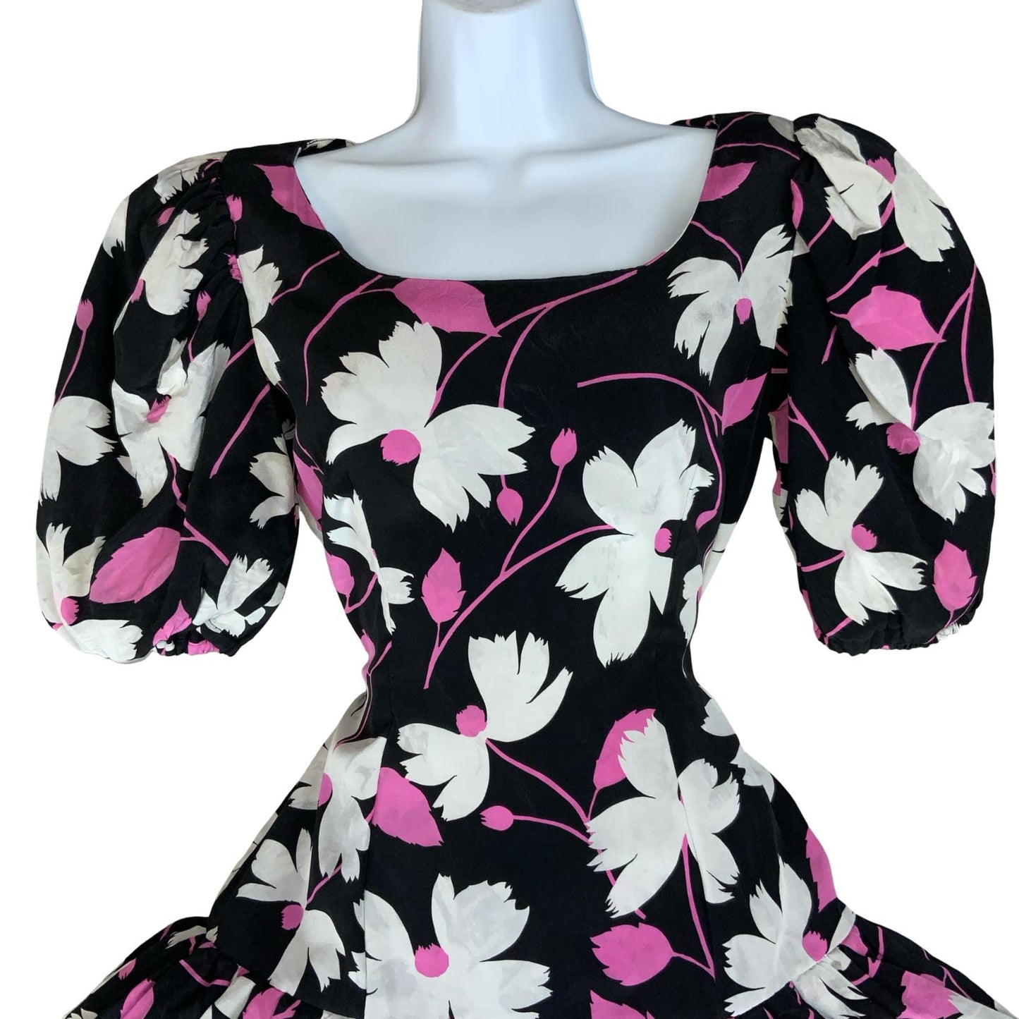 VTG 80s 'OSCAR DE LA RENTA' WHITE PINK FLORAL PUFF SLEEVE DROP WAIST DRESS S 10
