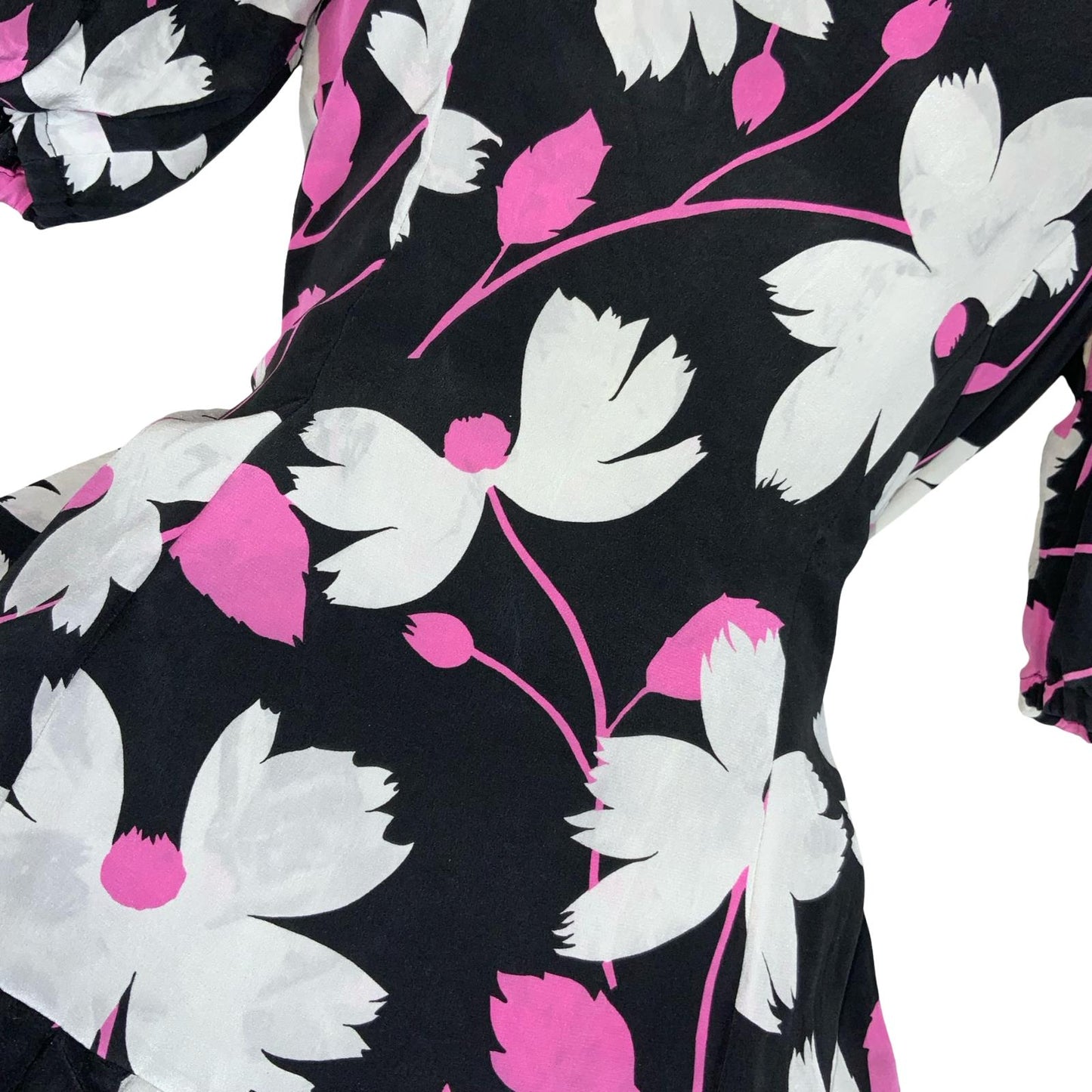 VTG 80s 'OSCAR DE LA RENTA' WHITE PINK FLORAL PUFF SLEEVE DROP WAIST DRESS S 10