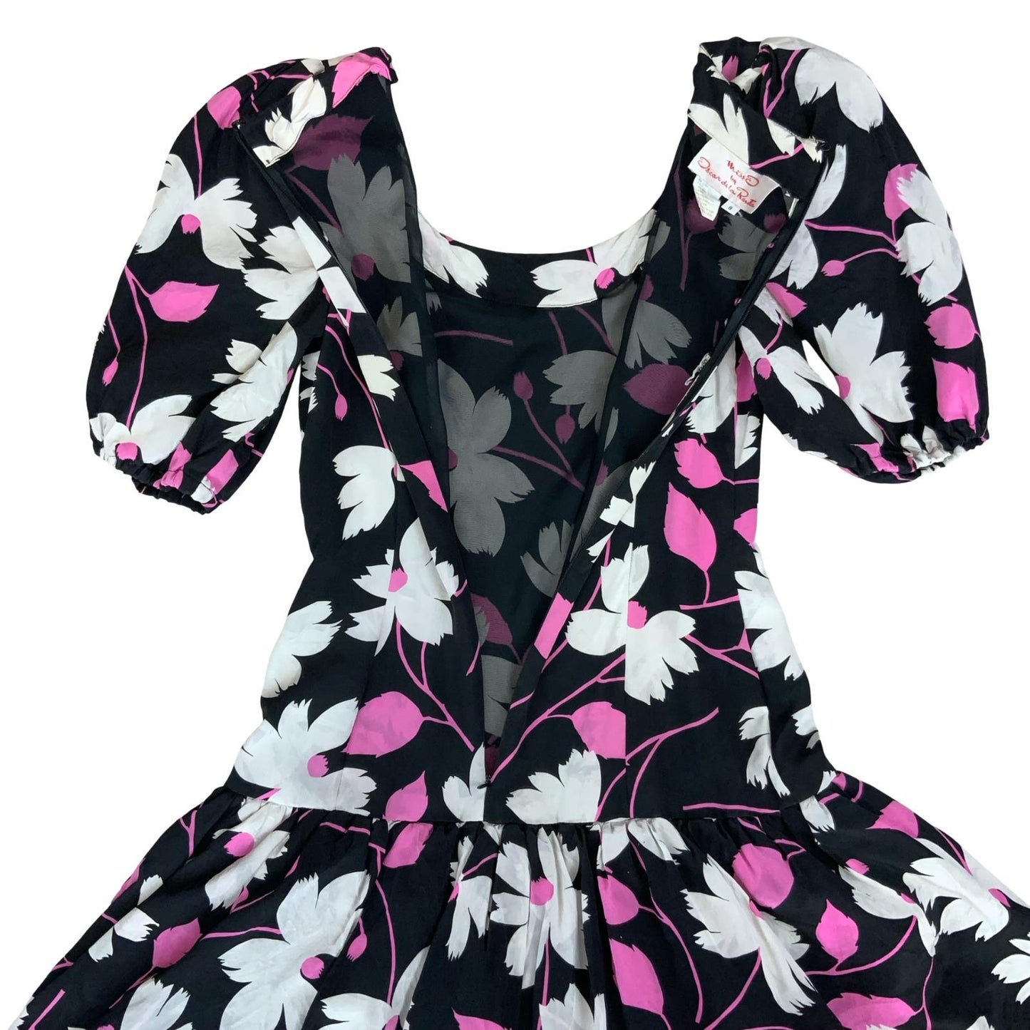 VTG 80s 'OSCAR DE LA RENTA' WHITE PINK FLORAL PUFF SLEEVE DROP WAIST DRESS S 10