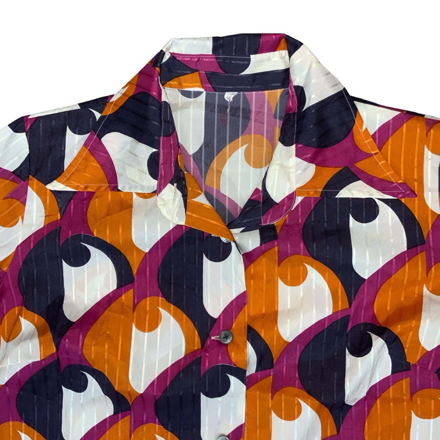 VTG 90S DOES 70s ORANGE PURPLE WHITE GEOMETRIC PATTERN RETRO SLIMFIT BLOUSE M 14