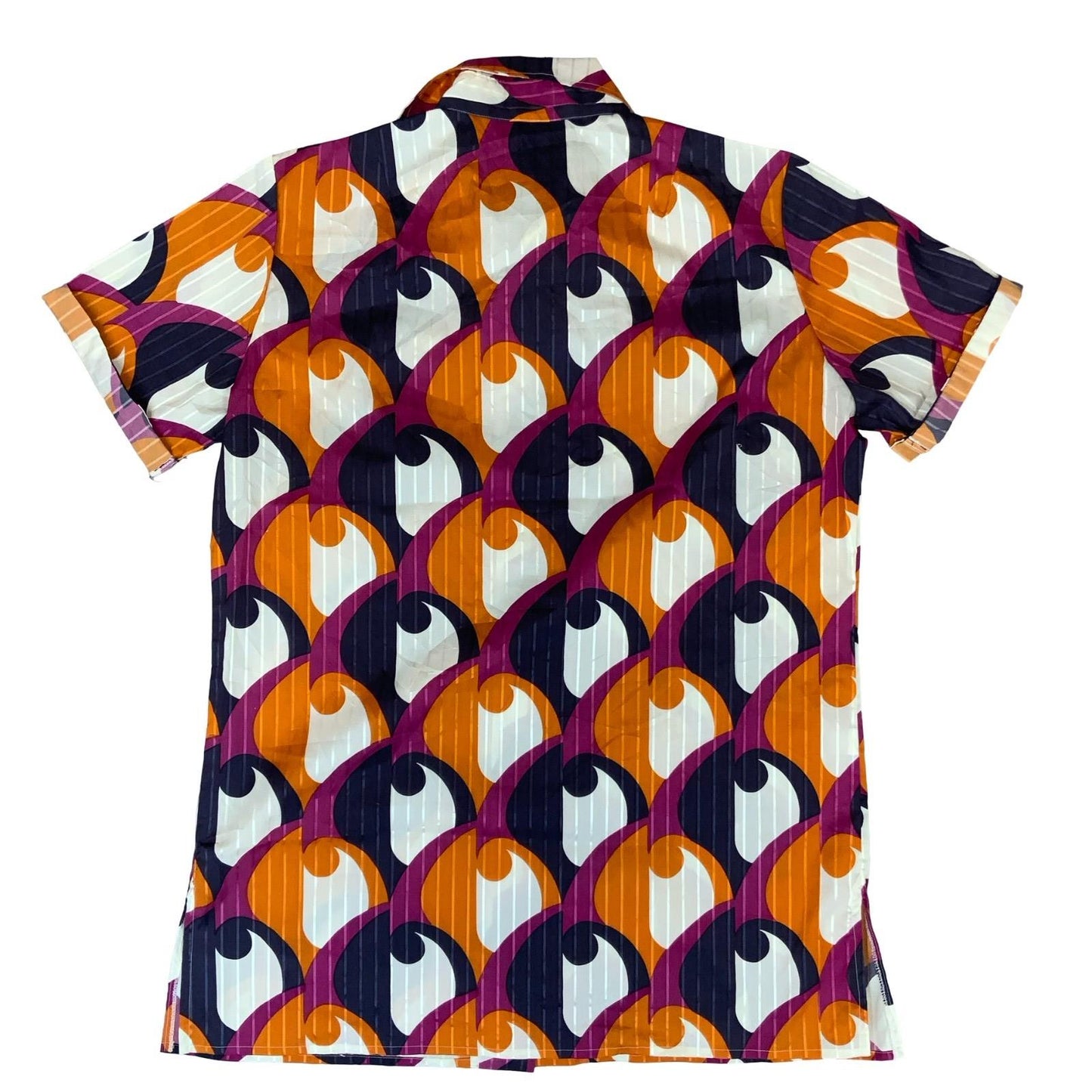 VTG 90S DOES 70s ORANGE PURPLE WHITE GEOMETRIC PATTERN RETRO SLIMFIT BLOUSE M 14