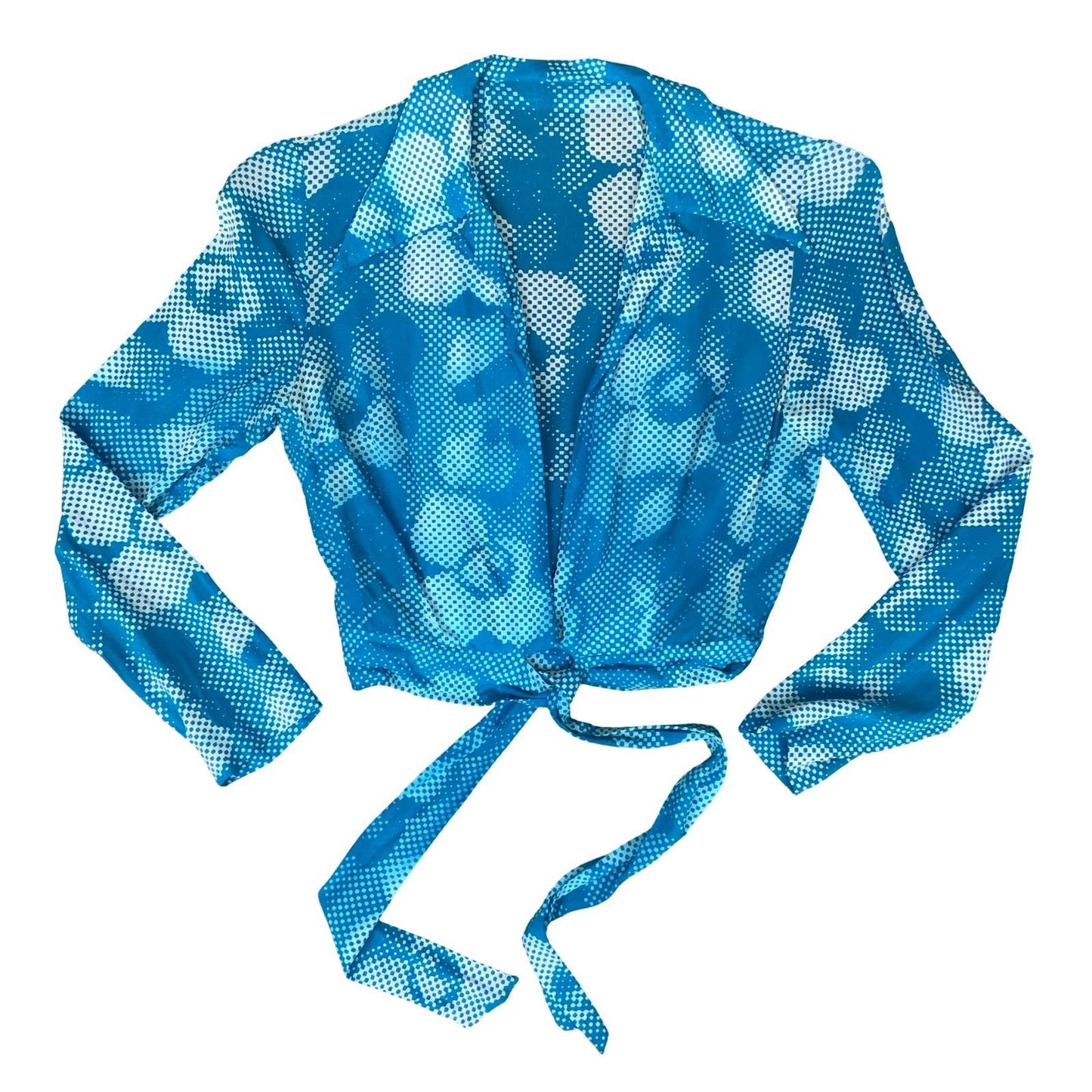 90s Y2K BLUE WHITE FLORAL PATTERNED SUMMER BEACH RETRO WRAP TIE-UP BLOUSE XS 4 6