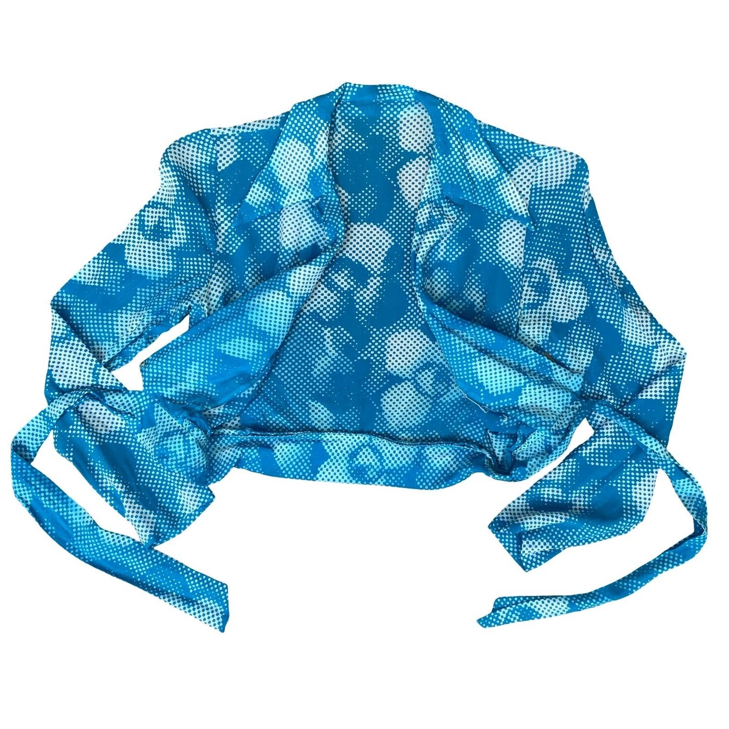 90s Y2K BLUE WHITE FLORAL PATTERNED SUMMER BEACH RETRO WRAP TIE-UP BLOUSE XS 4 6