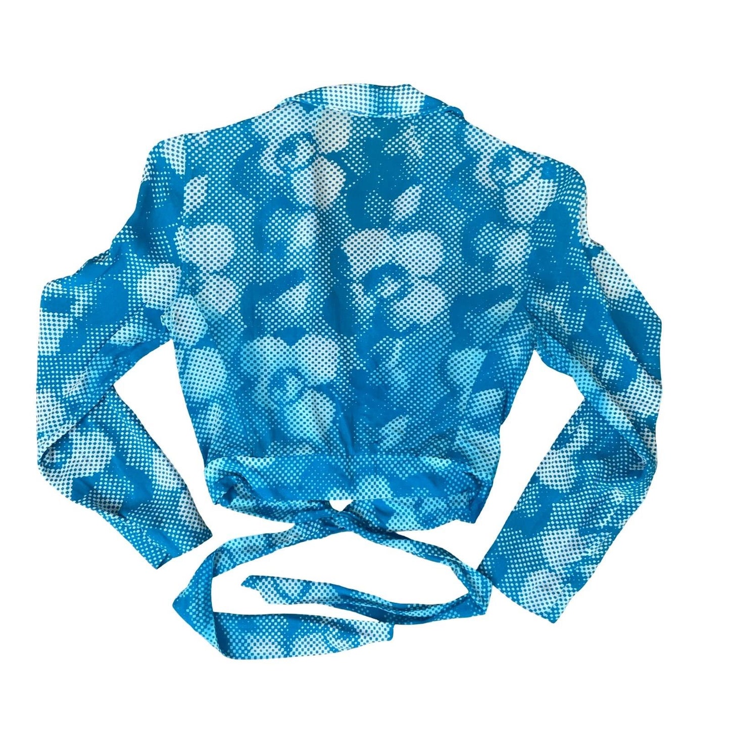 90s Y2K BLUE WHITE FLORAL PATTERNED SUMMER BEACH RETRO WRAP TIE-UP BLOUSE XS 4 6