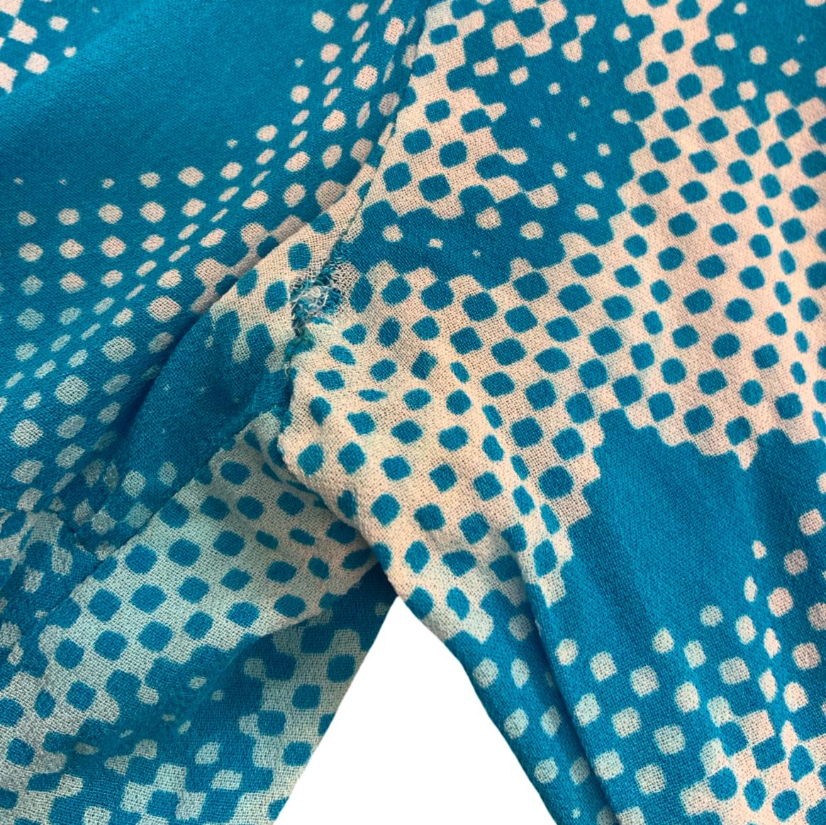 90s Y2K BLUE WHITE FLORAL PATTERNED SUMMER BEACH RETRO WRAP TIE-UP BLOUSE XS 4 6