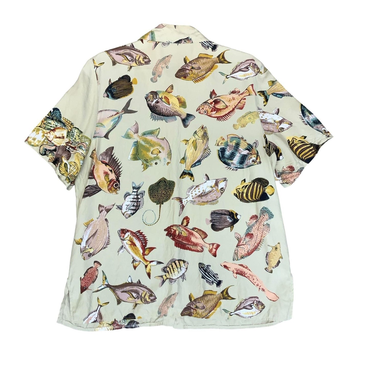 VTG 90s BEIGE SEASHELL CORAL OCEAN FISH NOVELTY GRAPHIC CASUAL BLOUSE M 14