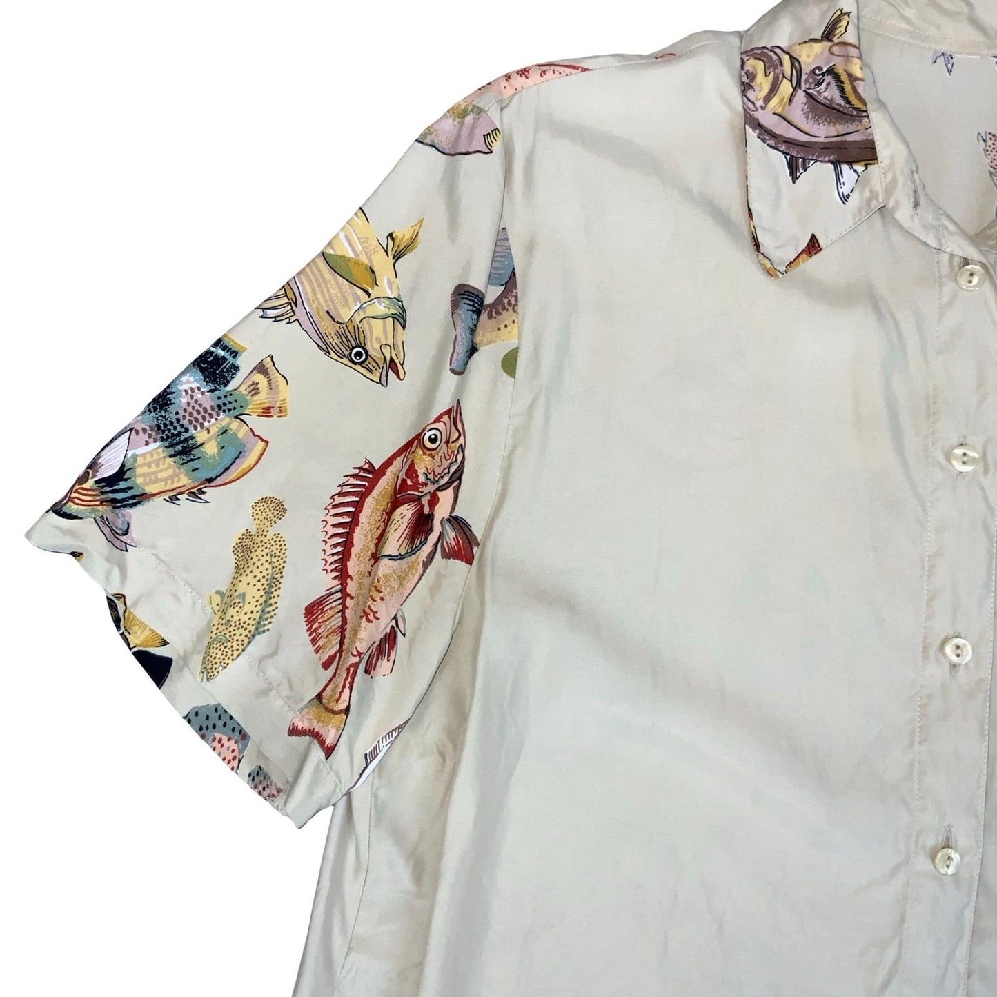 VTG 90s BEIGE SEASHELL CORAL OCEAN FISH NOVELTY GRAPHIC CASUAL BLOUSE M 14