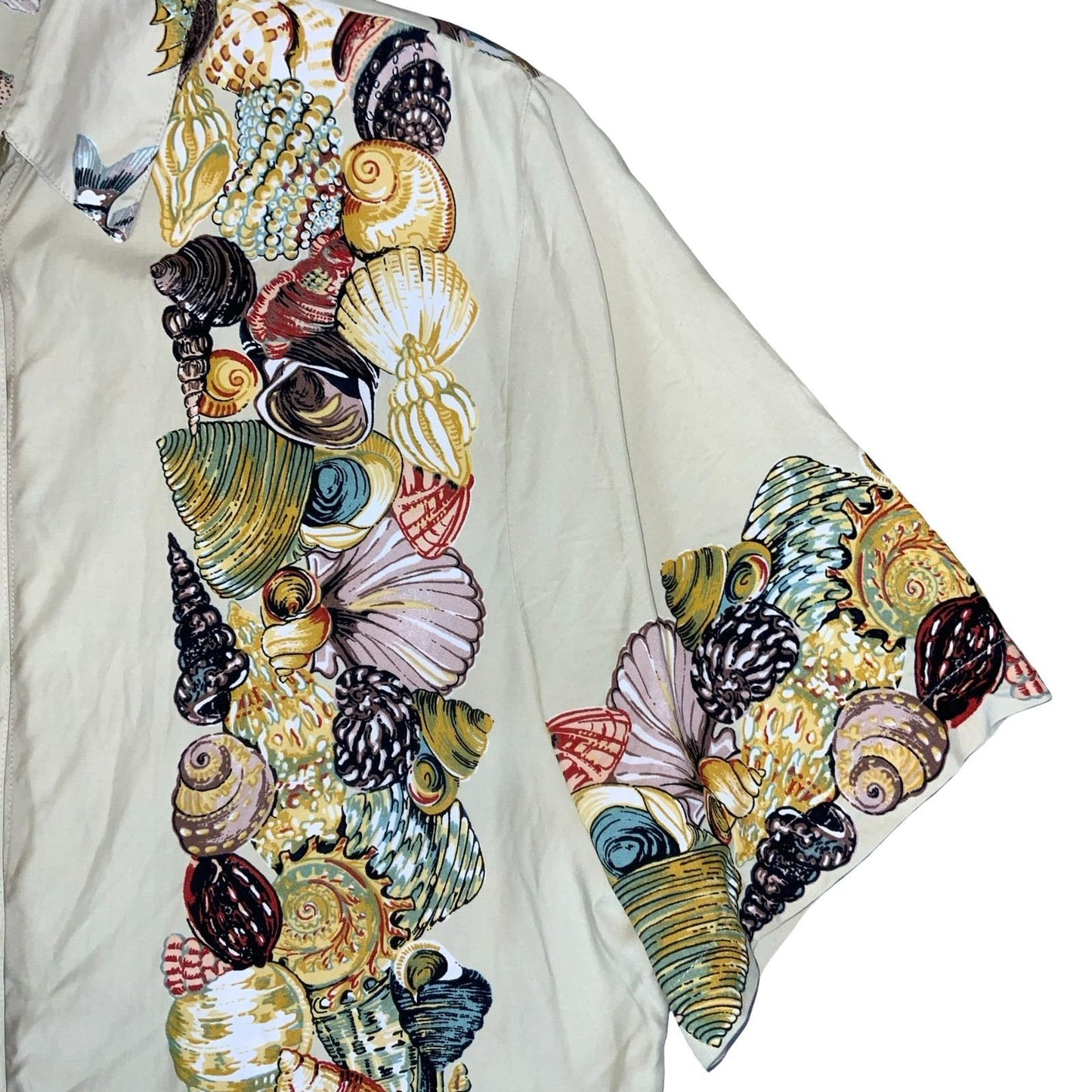 VTG 90s BEIGE SEASHELL CORAL OCEAN FISH NOVELTY GRAPHIC CASUAL BLOUSE M 14
