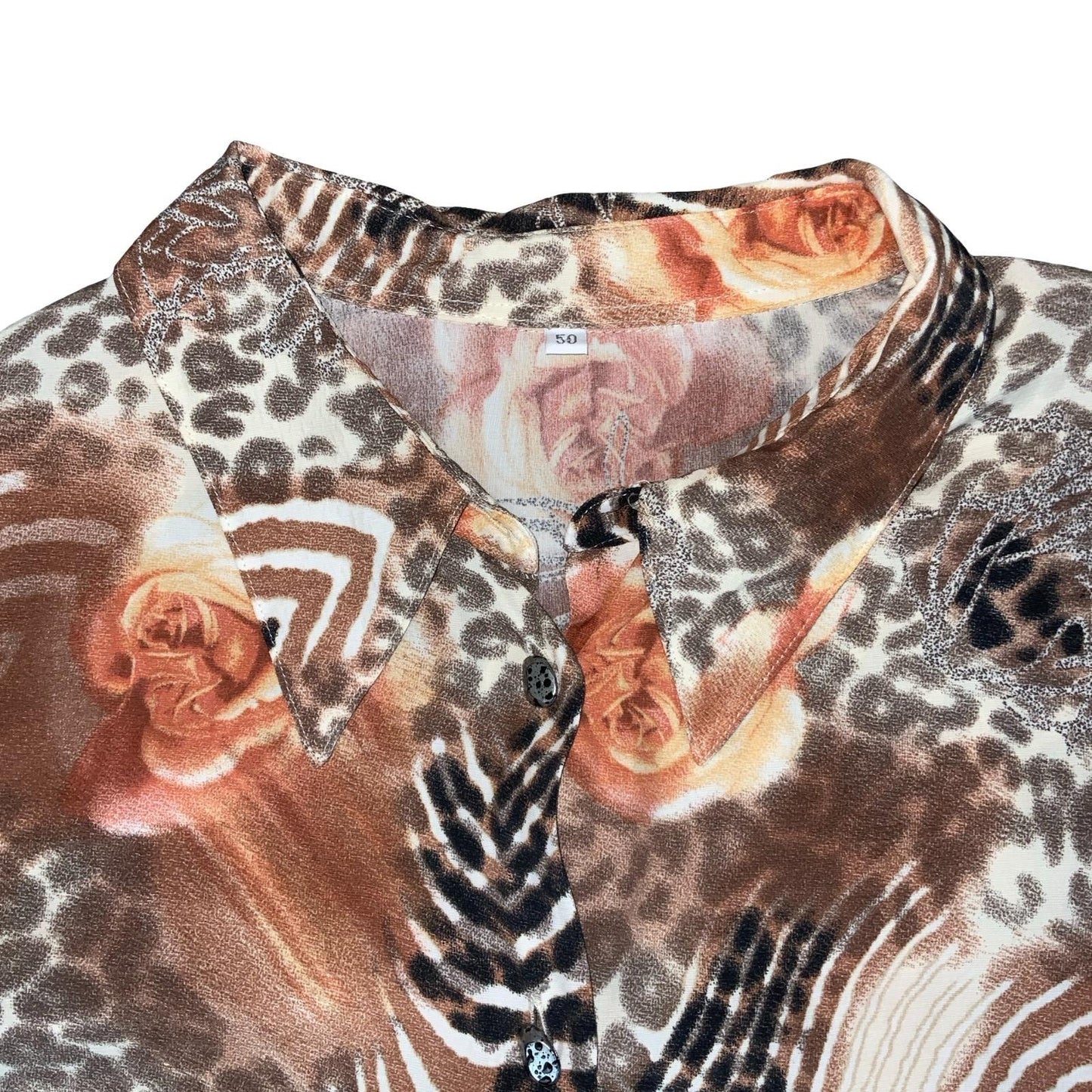 VTG 90s BROWN ANIMAL FLORAL PRINT MOTIF MESH BUTTON-UP CROPPED BLOUSE L 16