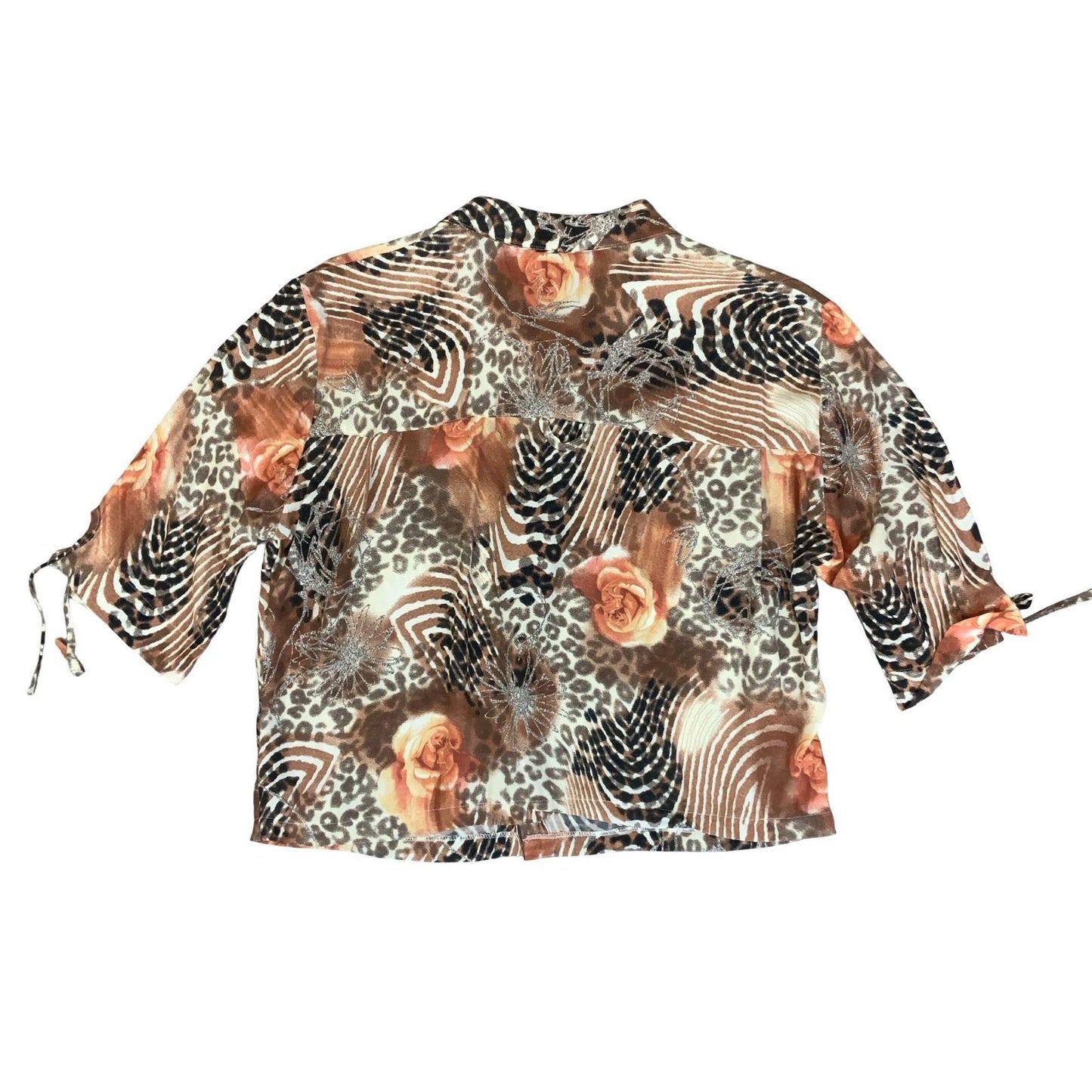 VTG 90s BROWN ANIMAL FLORAL PRINT MOTIF MESH BUTTON-UP CROPPED BLOUSE L 16