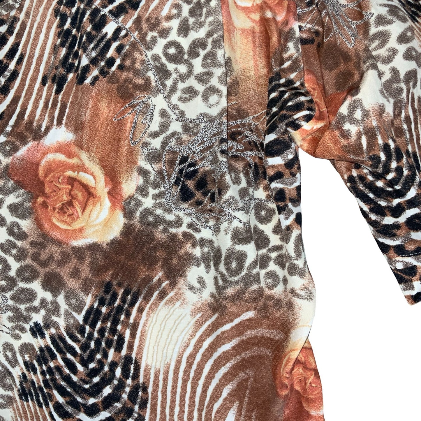 VTG 90s BROWN ANIMAL FLORAL PRINT MOTIF MESH BUTTON-UP CROPPED BLOUSE L 16