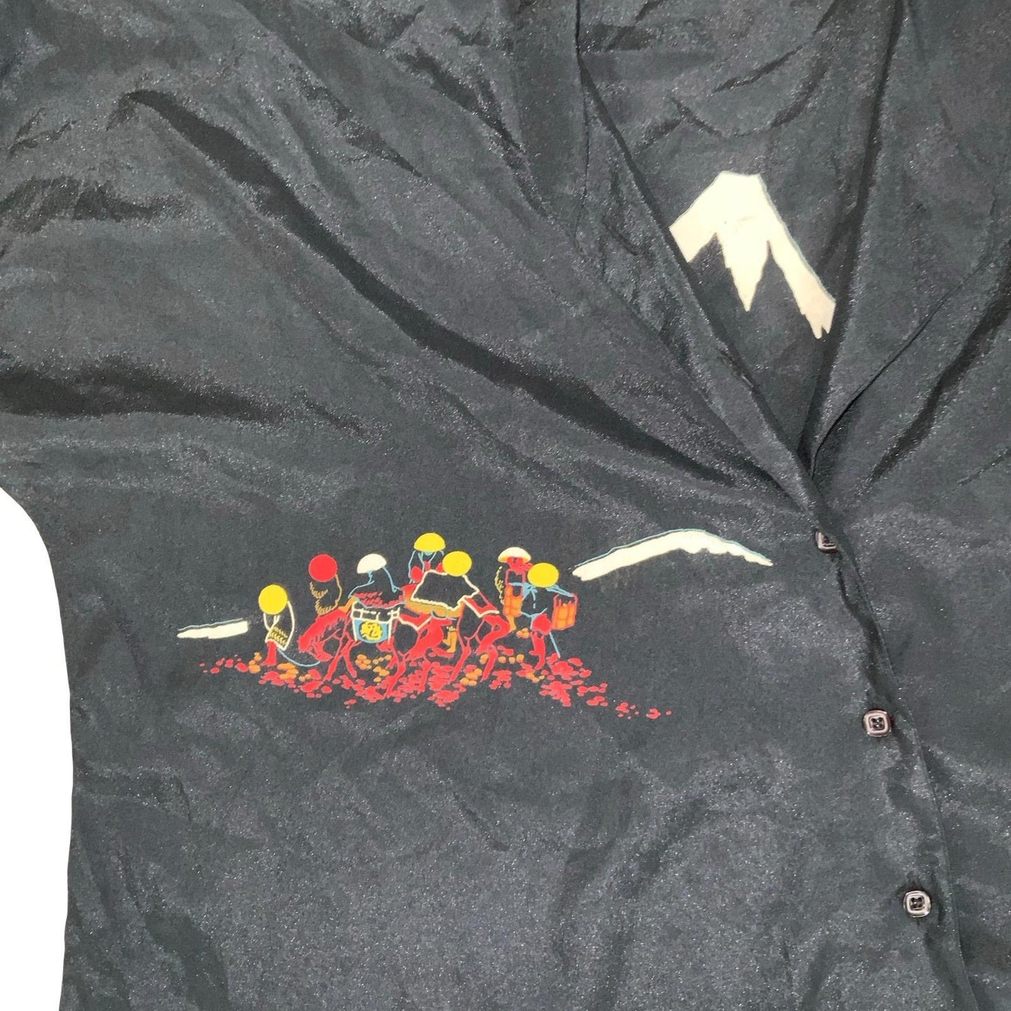 VTG 90s BLACK MOUNTAIN SCENE GRAPHIC ASYMMETRIC CAP-SLEEVED BLOUSE M 12