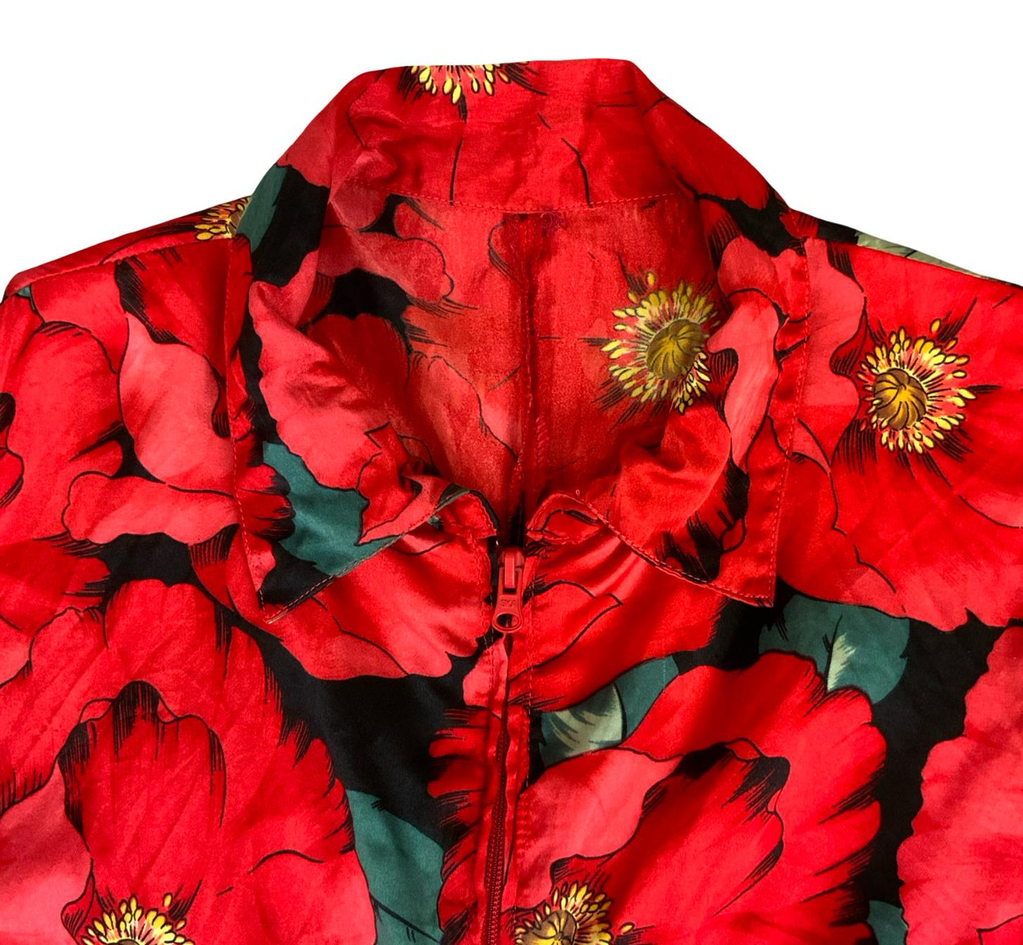 VTG RED BLACK POPPY FLORAL PRINT ZIP-UP COLLARED SLEEVELESS BLOUSE M 14