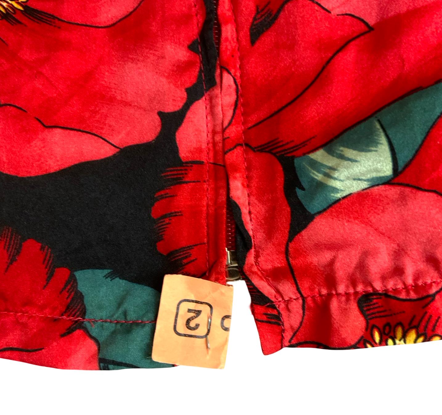 VTG RED BLACK POPPY FLORAL PRINT ZIP-UP COLLARED SLEEVELESS BLOUSE M 14