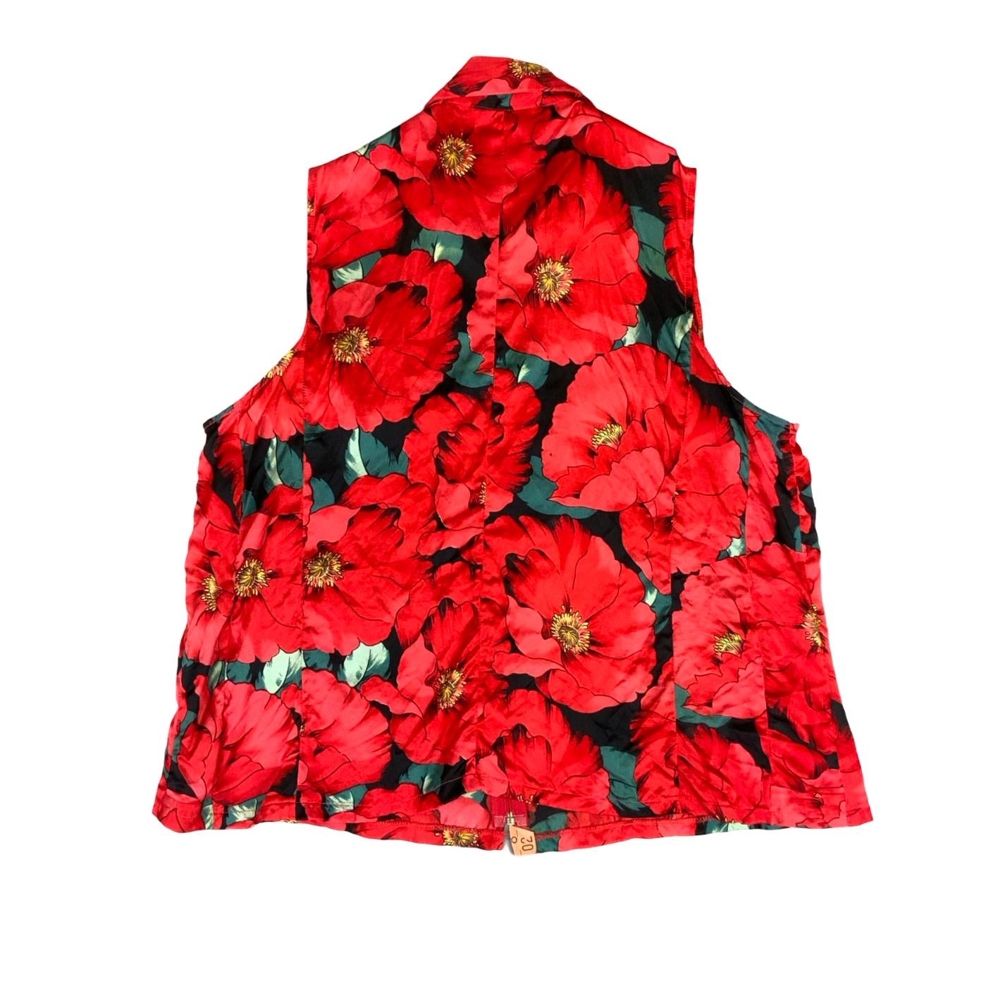 VTG RED BLACK POPPY FLORAL PRINT ZIP-UP COLLARED SLEEVELESS BLOUSE M 14