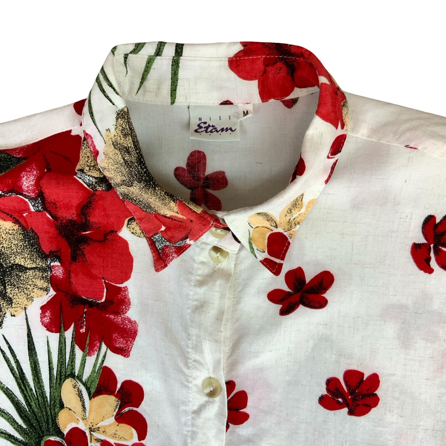 VTG 80s 90s 'MISS ETAM' WHITE RED FLORAL CROPPED BUTTON-UP FLORIDA BLOUSE L 16