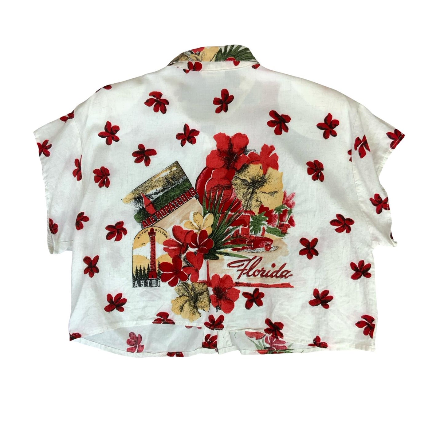 VTG 80s 90s 'MISS ETAM' WHITE RED FLORAL CROPPED BUTTON-UP FLORIDA BLOUSE L 16