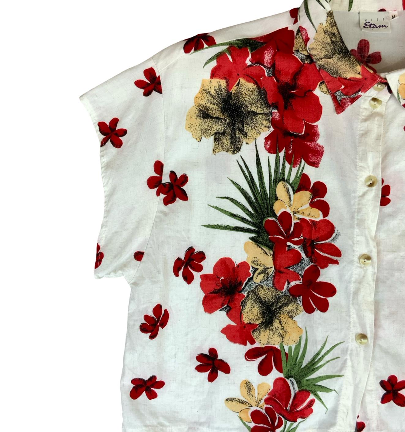 VTG 80s 90s 'MISS ETAM' WHITE RED FLORAL CROPPED BUTTON-UP FLORIDA BLOUSE L 16