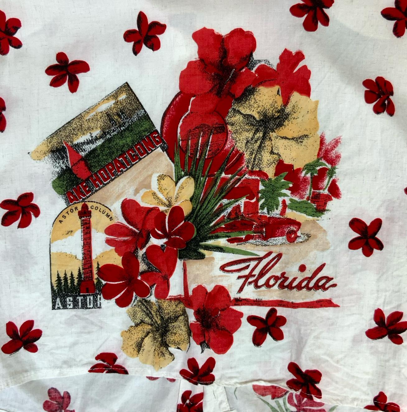VTG 80s 90s 'MISS ETAM' WHITE RED FLORAL CROPPED BUTTON-UP FLORIDA BLOUSE L 16