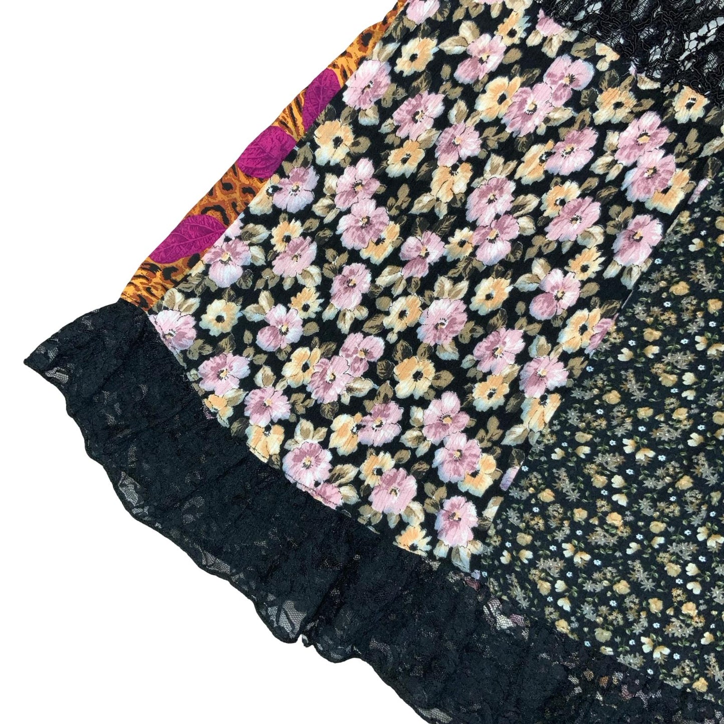VTG 90s y2k BLACK FRILL LACE PATCHWORK BOHO HIPPIE LEOPARD FLORAL MIDI SKIRT M