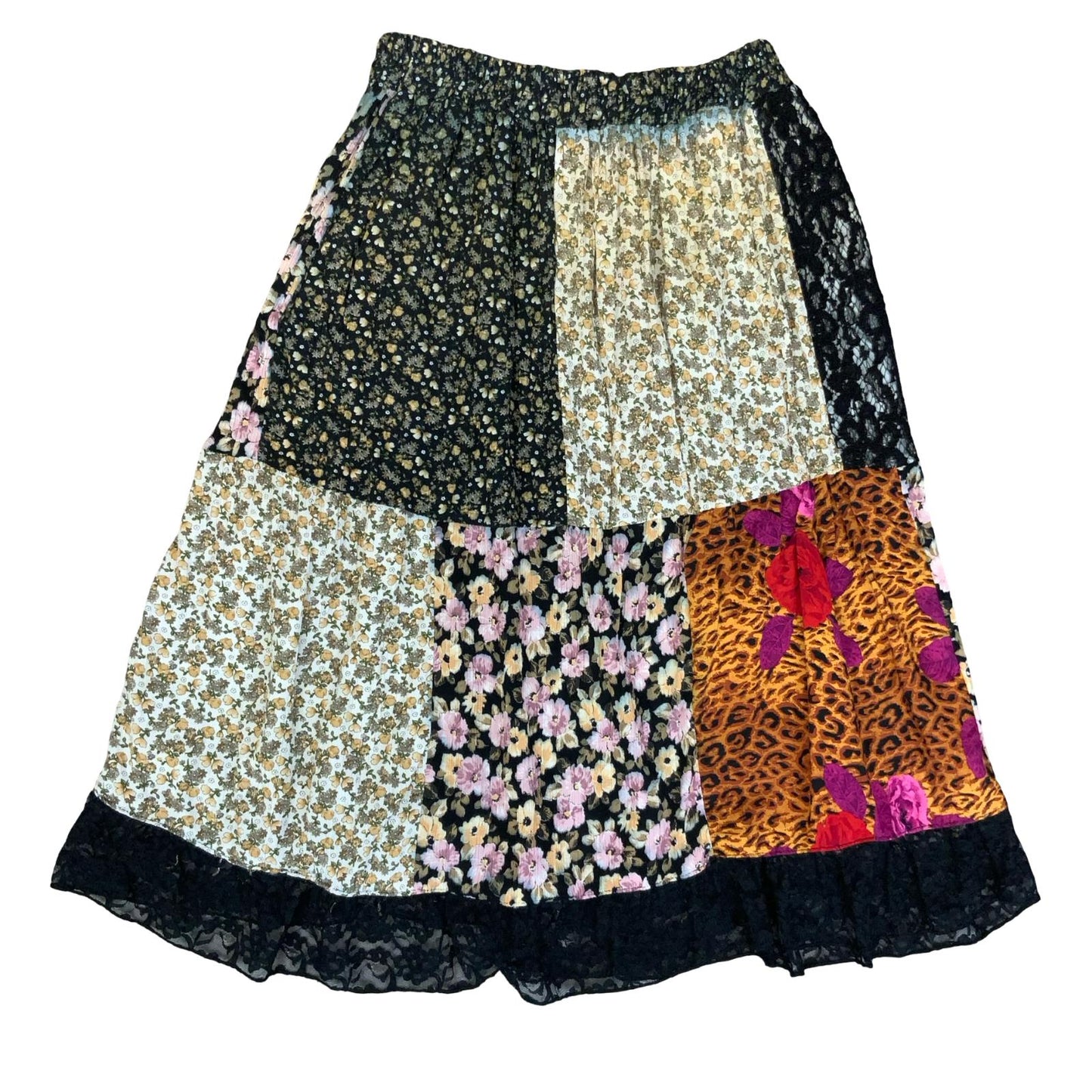 VTG 90s y2k BLACK FRILL LACE PATCHWORK BOHO HIPPIE LEOPARD FLORAL MIDI SKIRT M