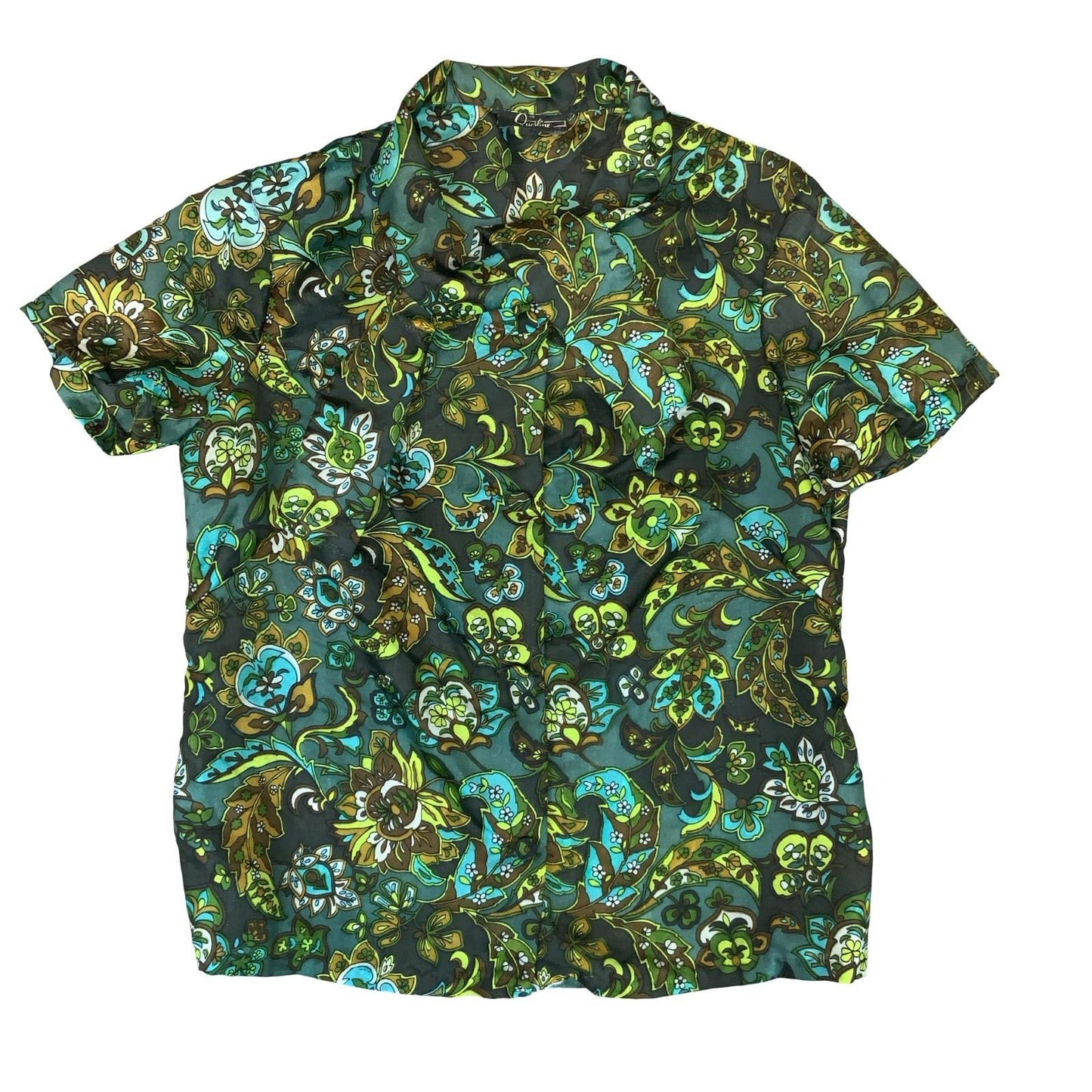 VTG 60S 70s 'QUERLINE' GREEN FLORAL SHORT SLEEVED ASCOT TIE NECK BLOUSE L 16