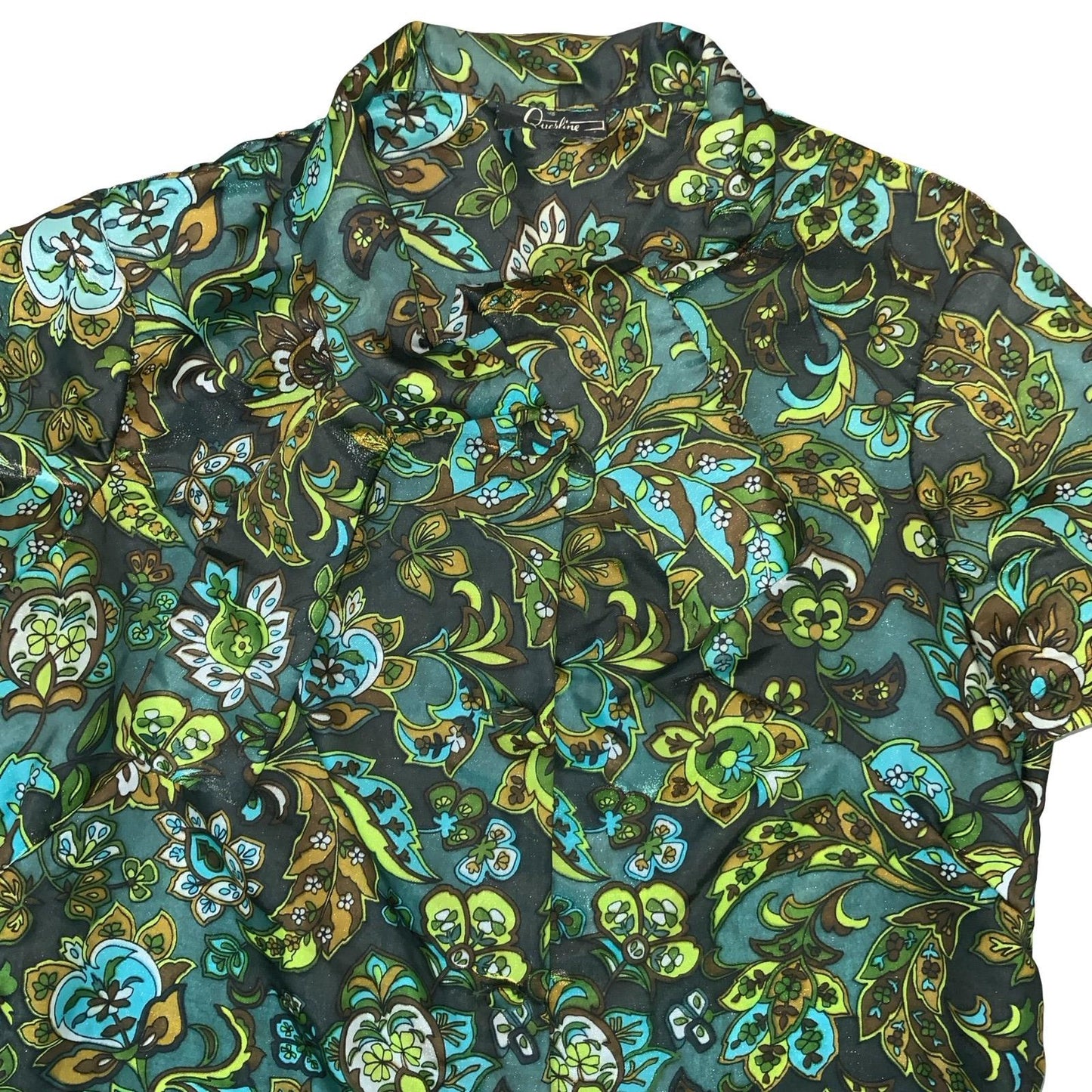 VTG 60S 70s 'QUERLINE' GREEN FLORAL SHORT SLEEVED ASCOT TIE NECK BLOUSE L 16