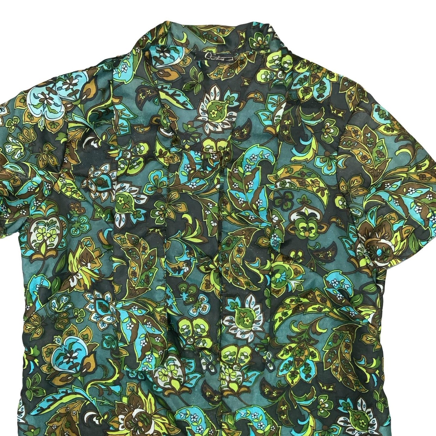 VTG 60S 70s 'QUERLINE' GREEN FLORAL SHORT SLEEVED ASCOT TIE NECK BLOUSE L 16