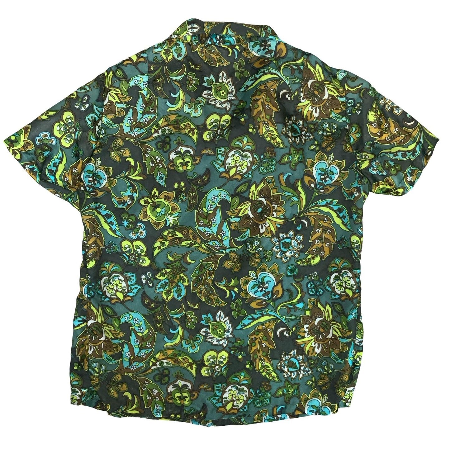 VTG 60S 70s 'QUERLINE' GREEN FLORAL SHORT SLEEVED ASCOT TIE NECK BLOUSE L 16