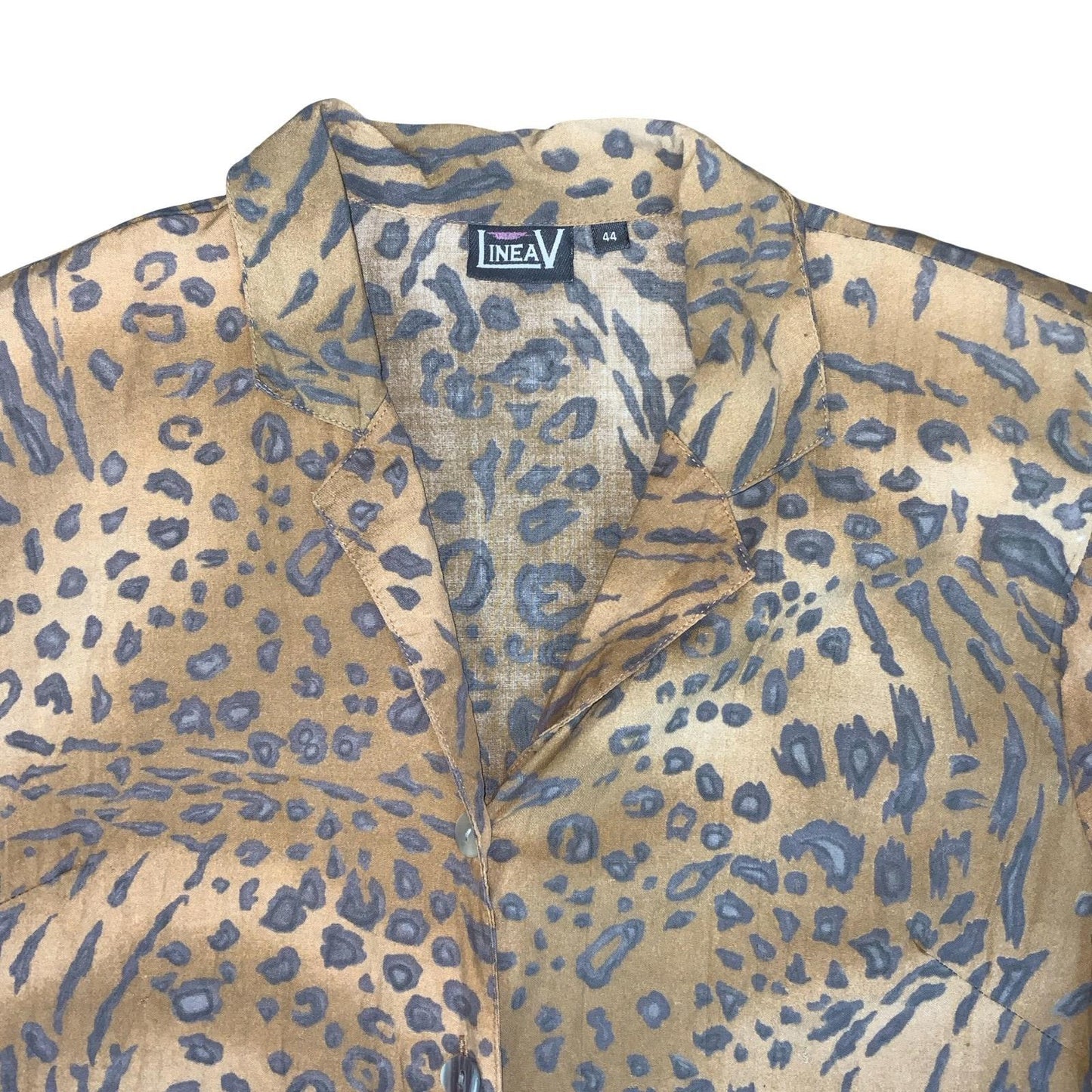 VTG 90s 'LINEA V' BROWN BLACK LEOPARD ANIMAL PRINT RETRO SHIRT BLOUSE UK 14/16