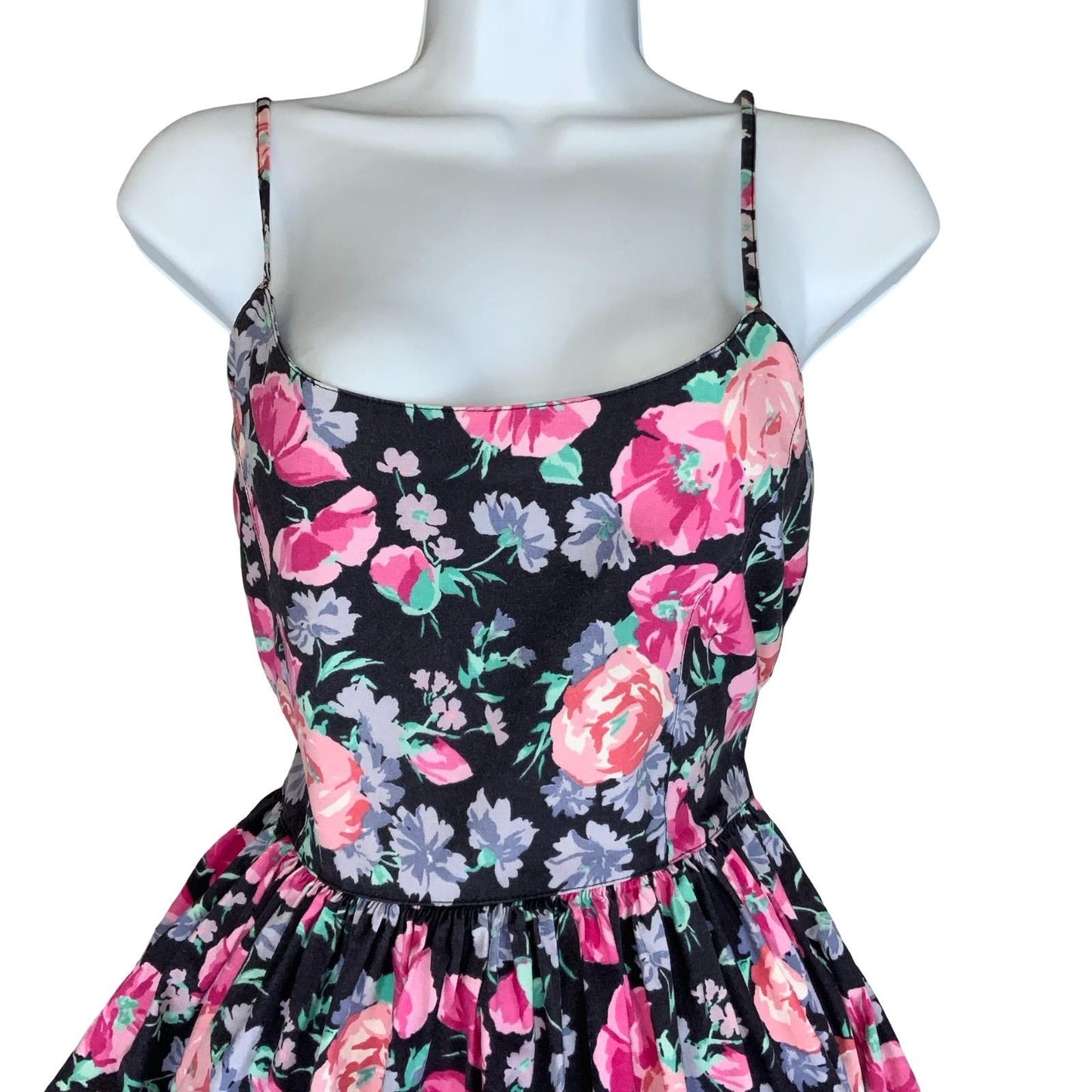 VTG 80s 90s 'LAURA ASHLEY' BLACK PINK RODE FLORAL A-LINE MIDI SWING DRESS S 10