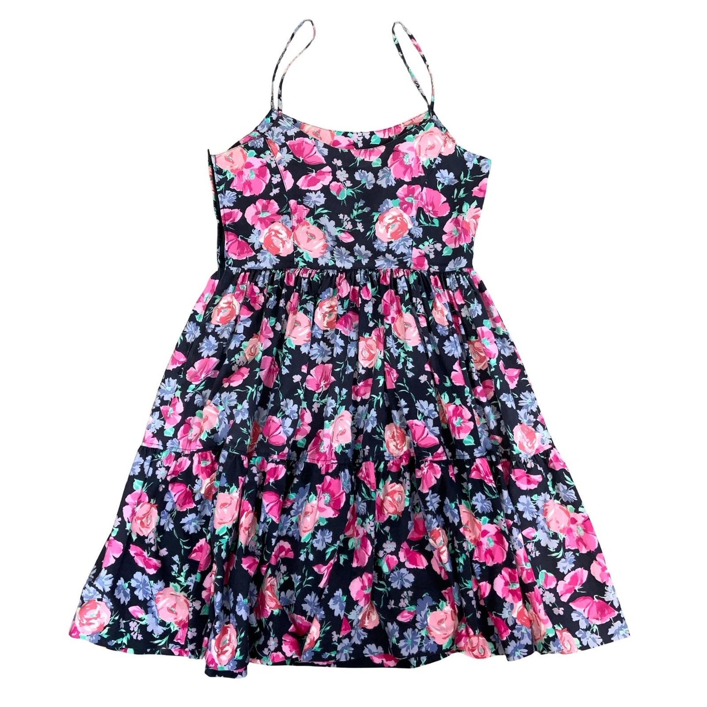 VTG 80s 90s 'LAURA ASHLEY' BLACK PINK RODE FLORAL A-LINE MIDI SWING DRESS S 10