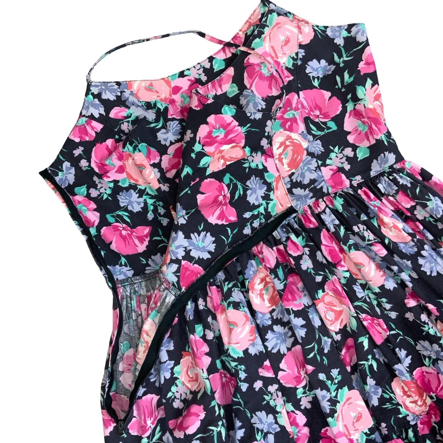 VTG 80s 90s 'LAURA ASHLEY' BLACK PINK RODE FLORAL A-LINE MIDI SWING DRESS S 10