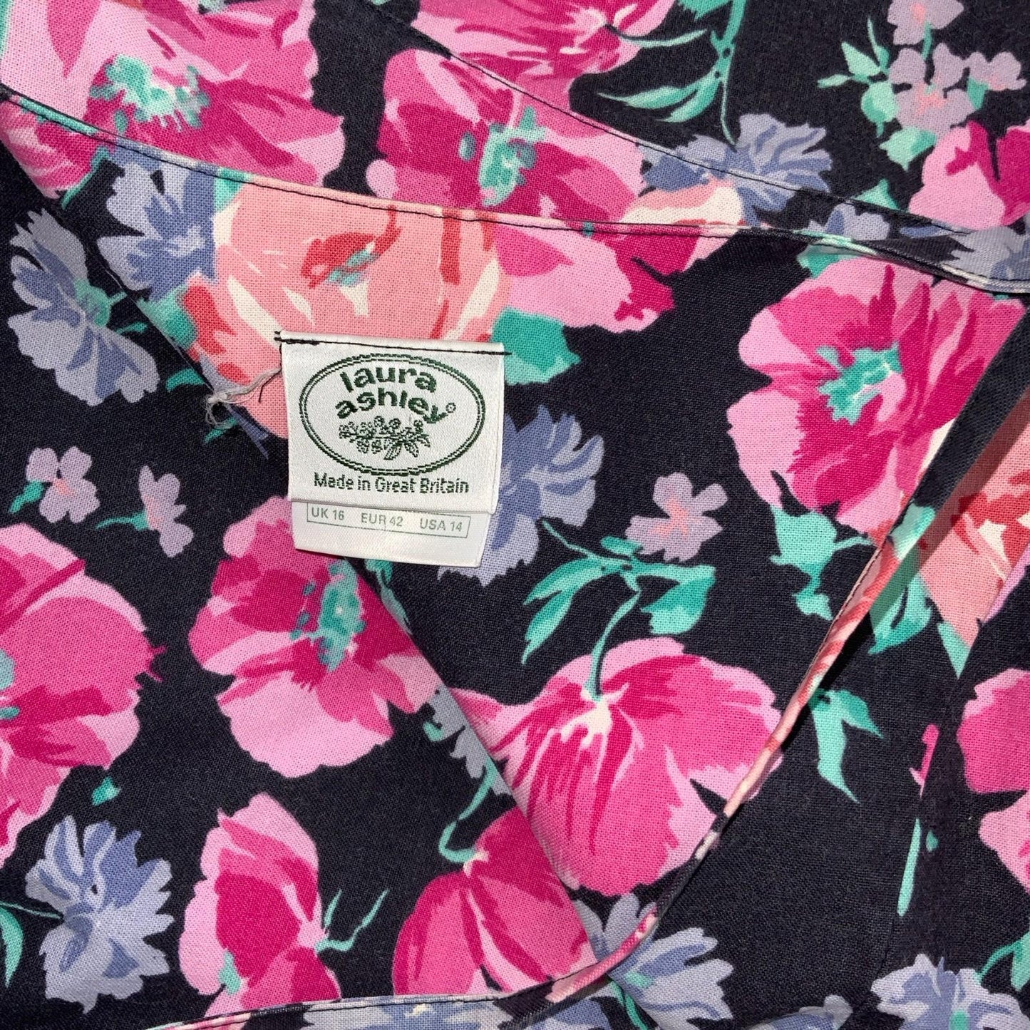 VTG 80s 90s 'LAURA ASHLEY' BLACK PINK RODE FLORAL A-LINE MIDI SWING DRESS S 10