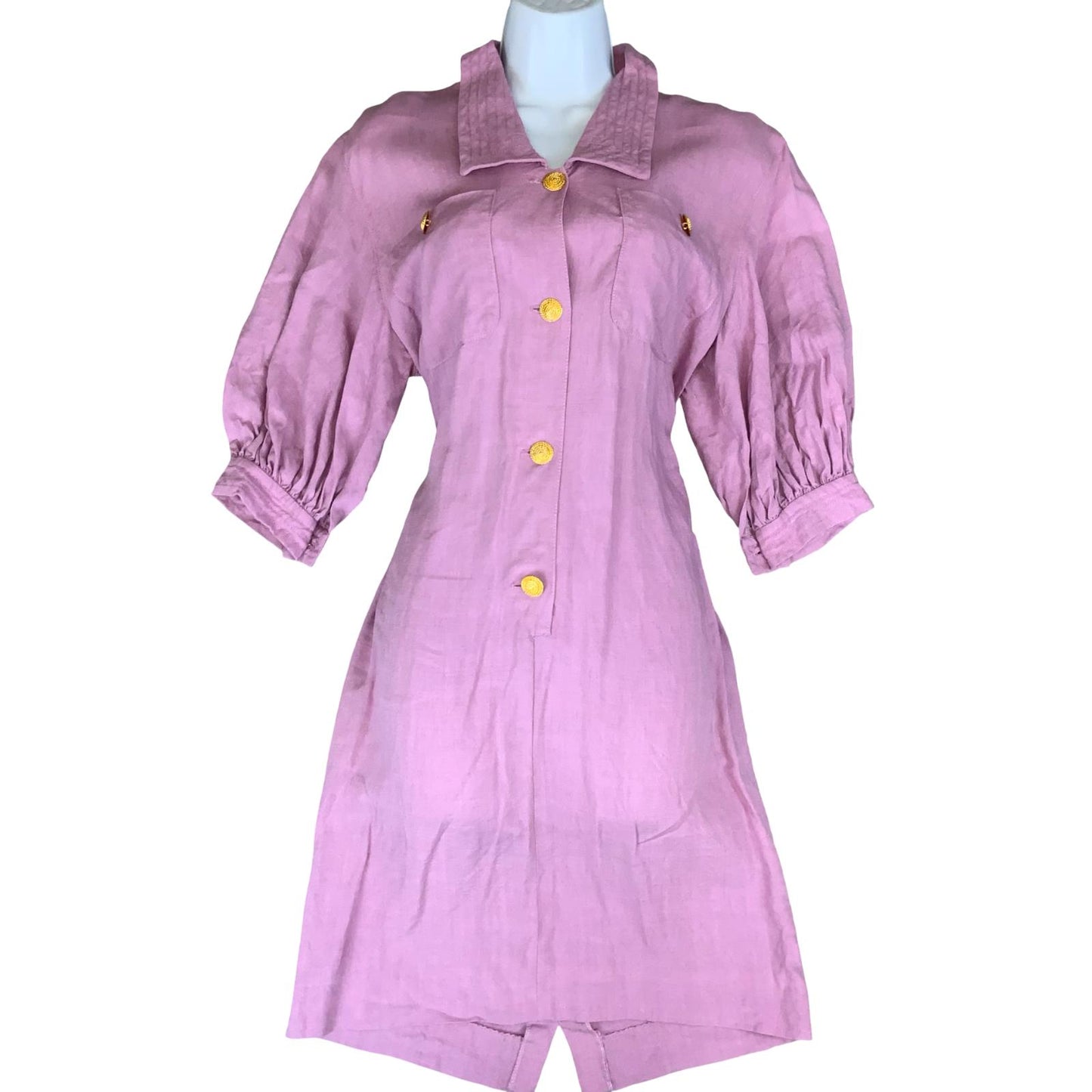 VTG 'LUISA SPAGNOLI' DESIGNER PINK LINEN PUFF SLEEVE GOLD BUTTON SHIRT DRESS 12