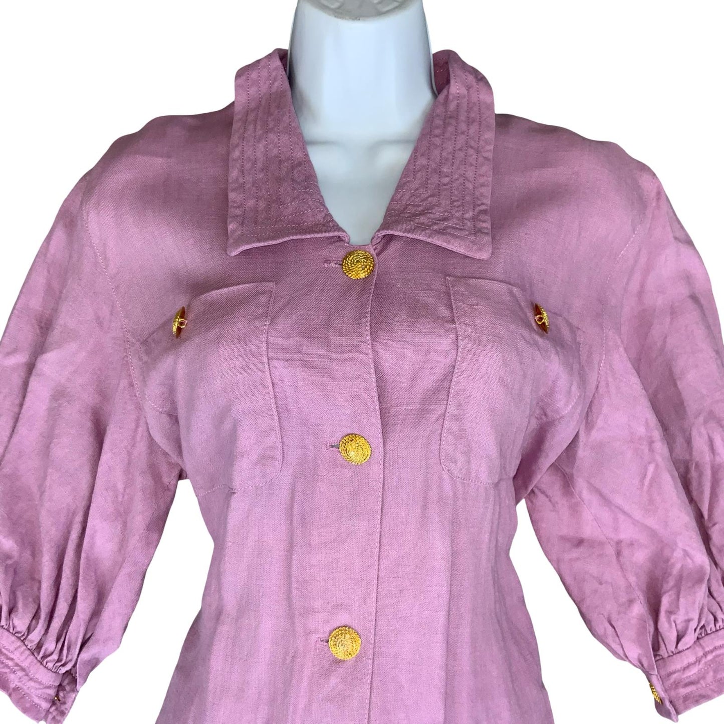 VTG 'LUISA SPAGNOLI' DESIGNER PINK LINEN PUFF SLEEVE GOLD BUTTON SHIRT DRESS 12