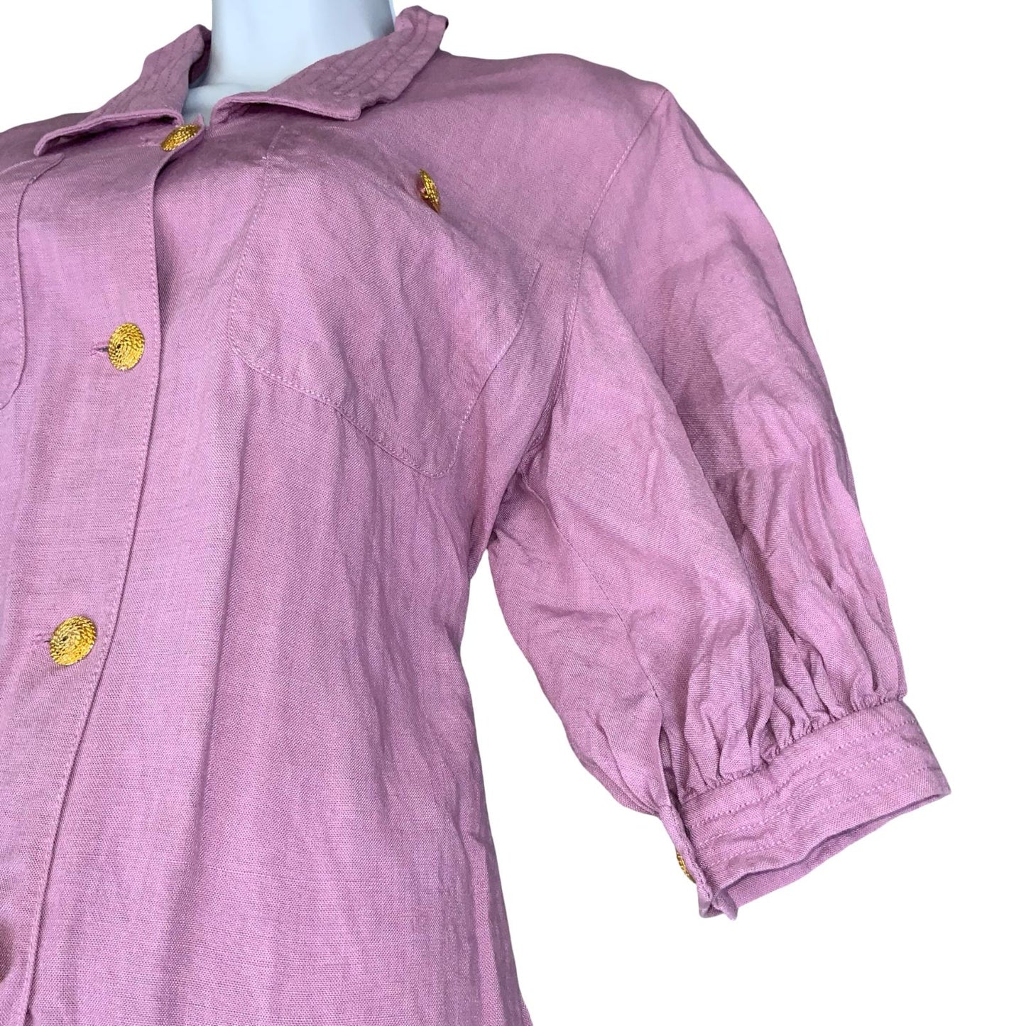 VTG 'LUISA SPAGNOLI' DESIGNER PINK LINEN PUFF SLEEVE GOLD BUTTON SHIRT DRESS 12