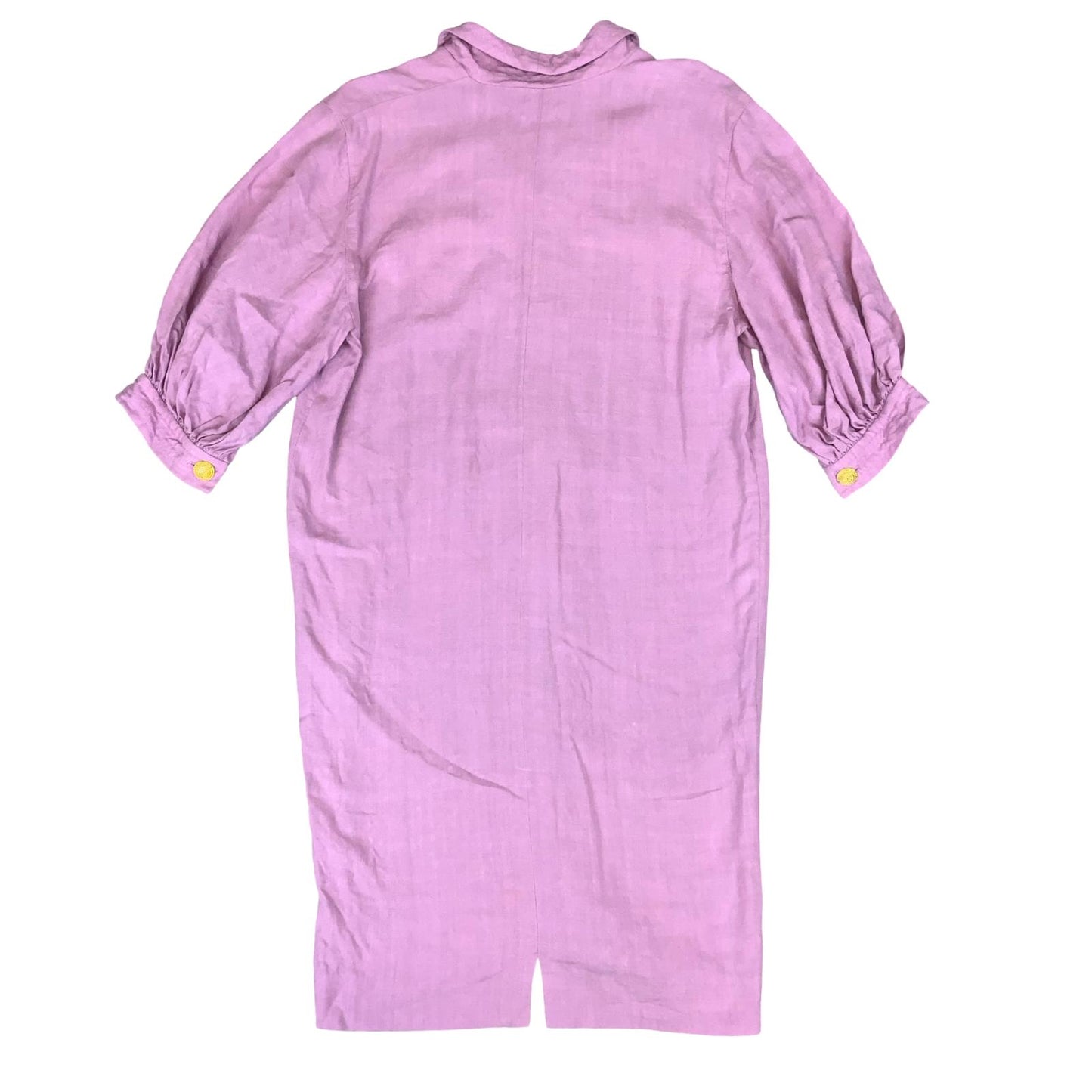 VTG 'LUISA SPAGNOLI' DESIGNER PINK LINEN PUFF SLEEVE GOLD BUTTON SHIRT DRESS 12